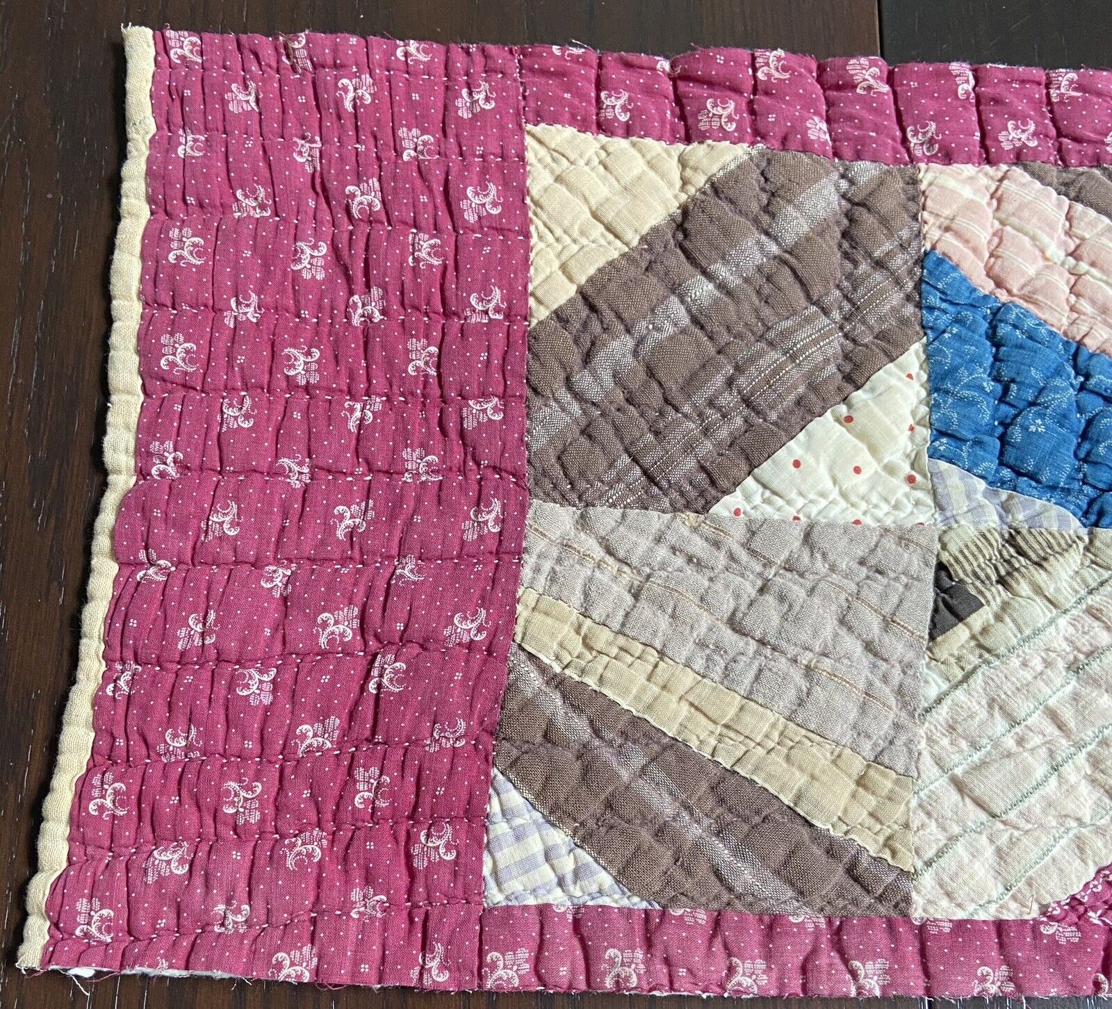Antique Quilt Piece early 1900’s Cutter 13”X19” Burgundy Blue Brown