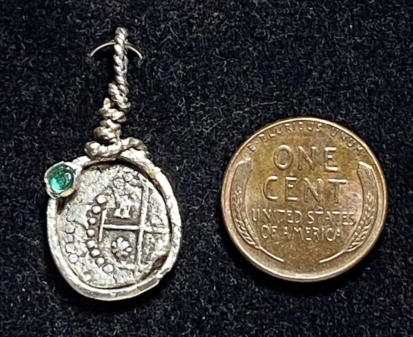 Authentic Spanish-Colonial 1/2-Real Silver Shipwreck Cob Coin & Emerald in Bezel
