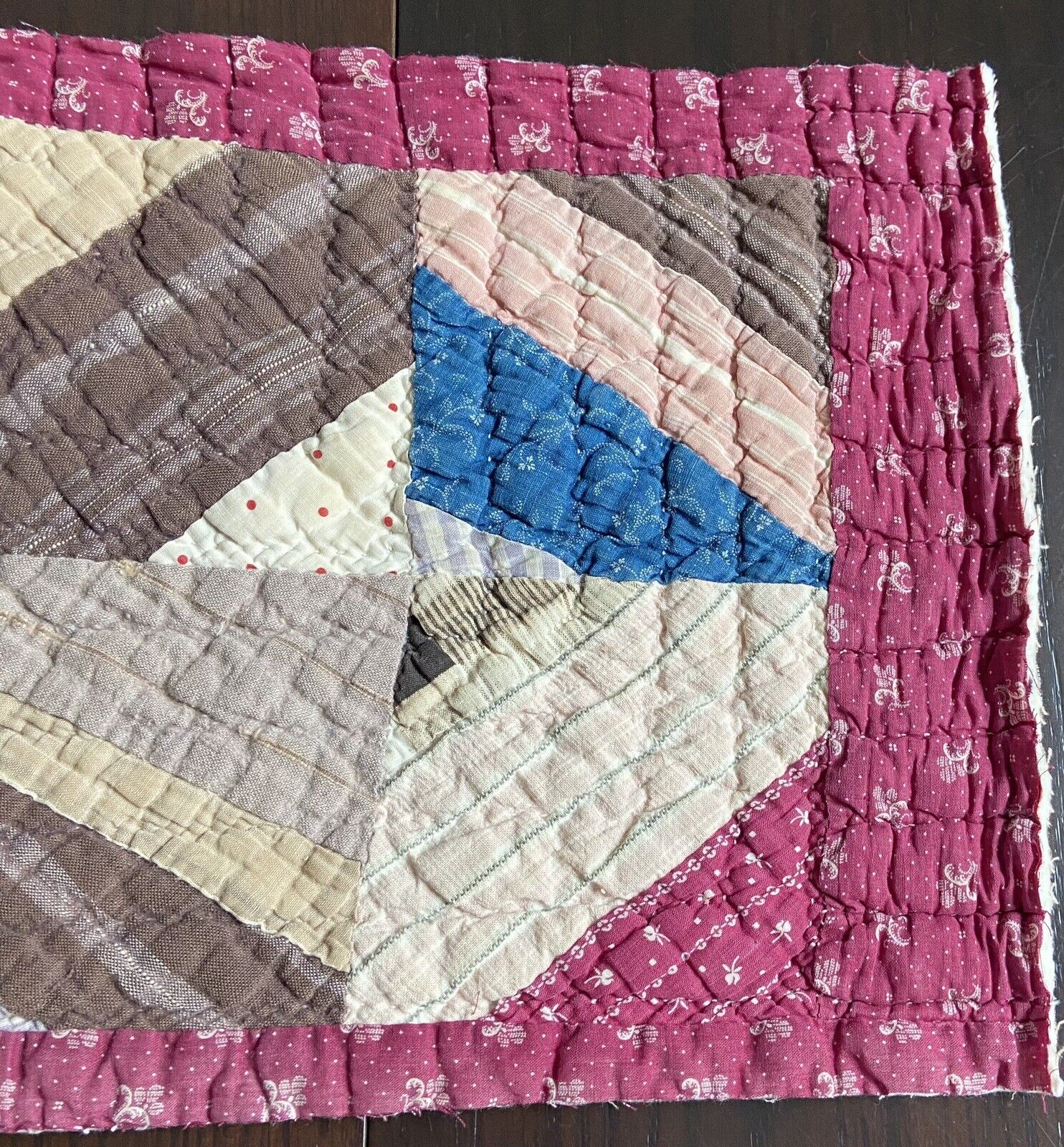 Antique Quilt Piece early 1900’s Cutter 13”X19” Burgundy Blue Brown