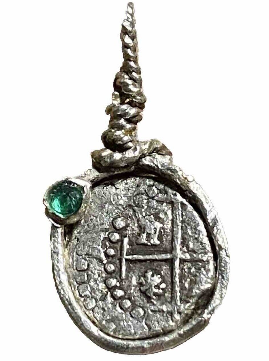 Authentic Spanish-Colonial 1/2-Real Silver Shipwreck Cob Coin & Emerald in Bezel