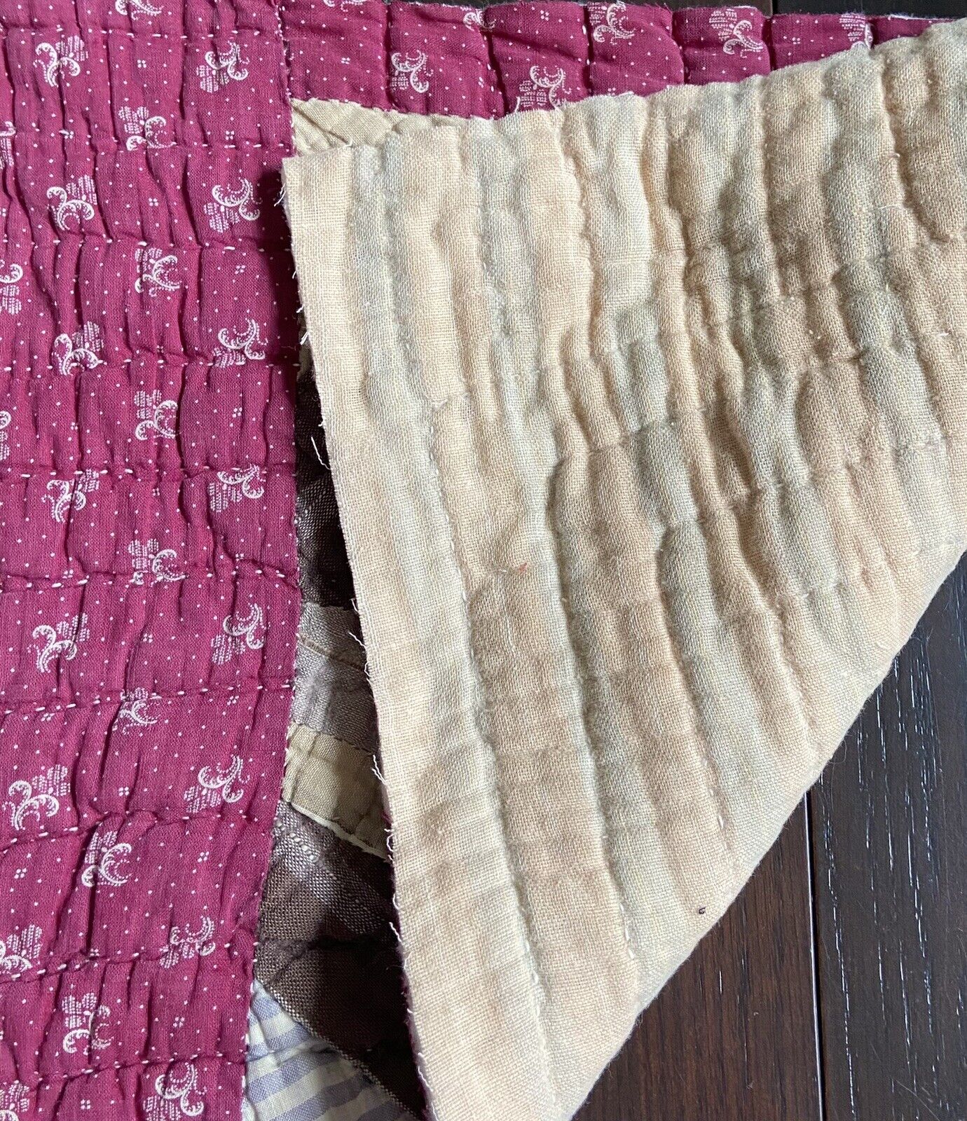 Antique Quilt Piece early 1900’s Cutter 13”X19” Burgundy Blue Brown