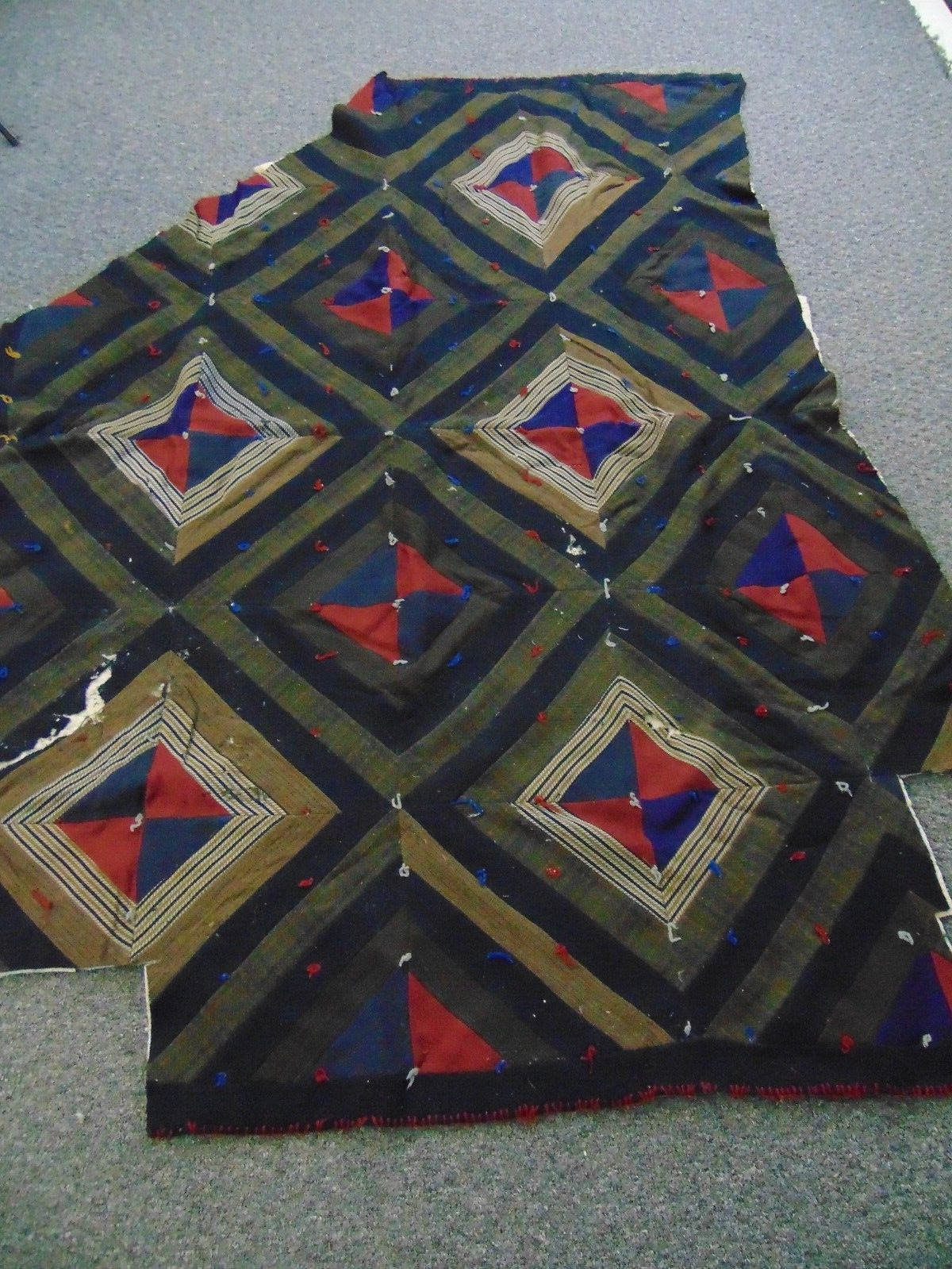 1900s Quilt-SHADOWS Pattern-49x69-Dark Wool Stripes/Diamonds-UNUSUAL-CUTTER-SALE