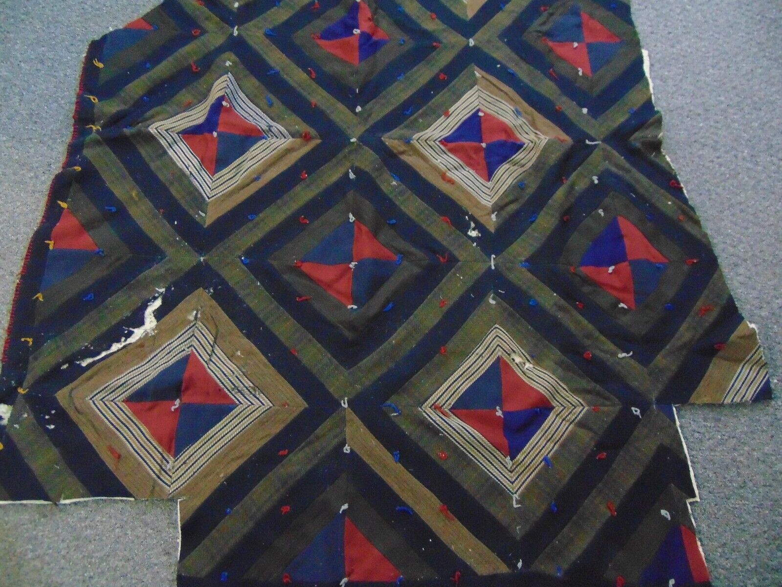 1900s Quilt-SHADOWS Pattern-49x69-Dark Wool Stripes/Diamonds-UNUSUAL-CUTTER-SALE