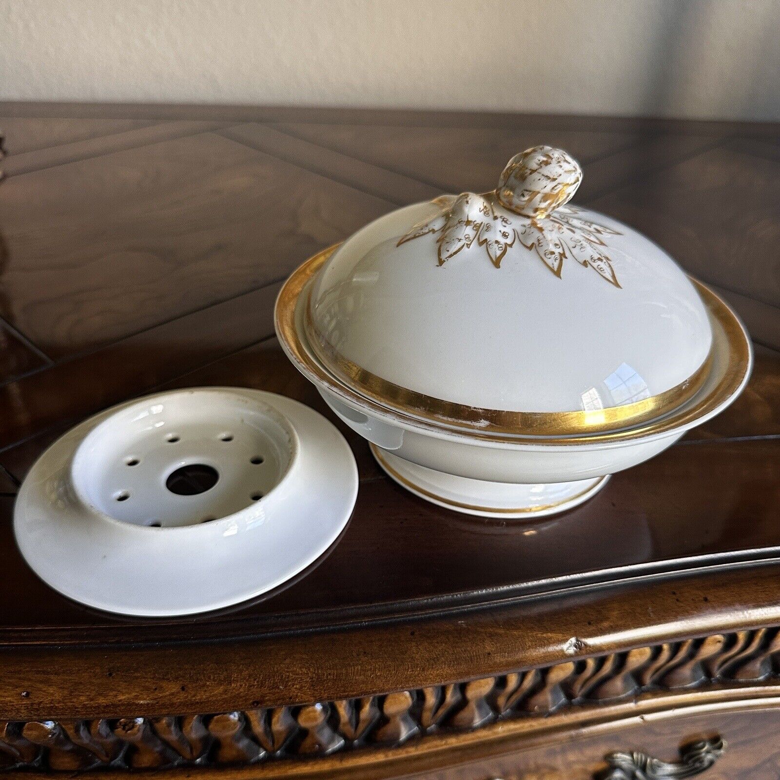 H&C Haviland Limoges Covered Butter Dish Artichoke Finial Gold Trim 1800s
