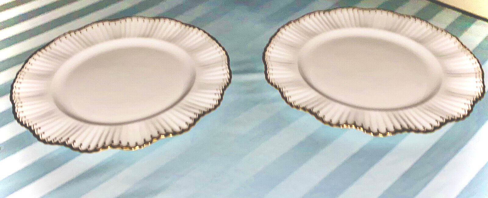 2 COALPORT WHITE 10” PLATES-FLUTED RIM, GOLD TRIM, VINTAGE AD1750 PORCELAIN