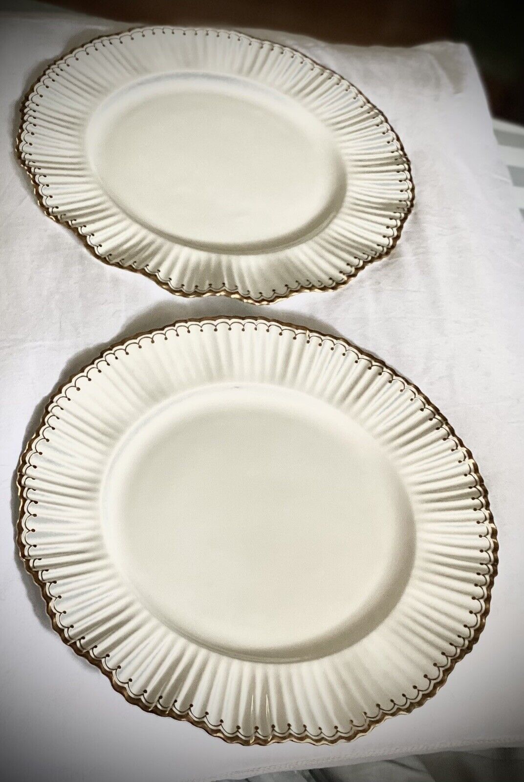 2 COALPORT WHITE 10” PLATES-FLUTED RIM, GOLD TRIM, VINTAGE AD1750 PORCELAIN