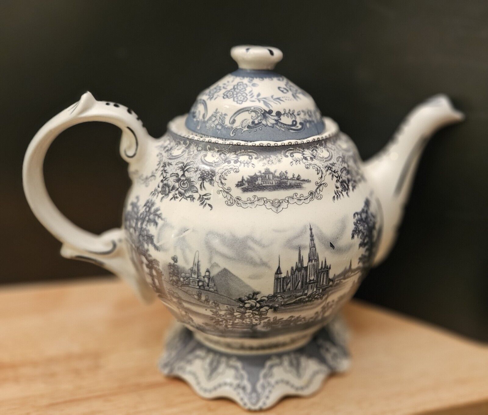 1900s Transferware Staffordshire Teapot W Airplane 
