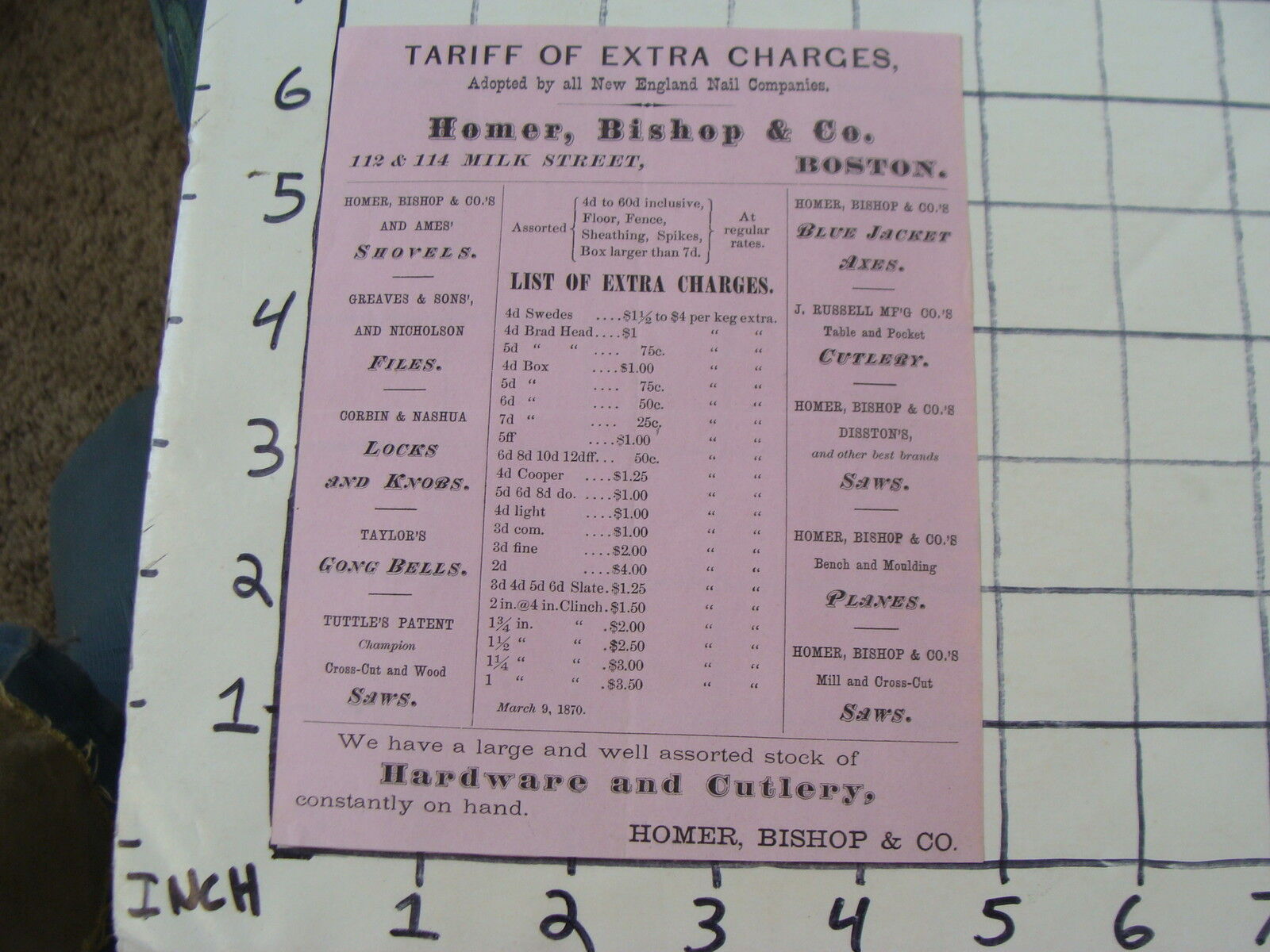 Original Vintage ad sheet: 1800's Homer, Biship & co. BOSTON hardware cutlery