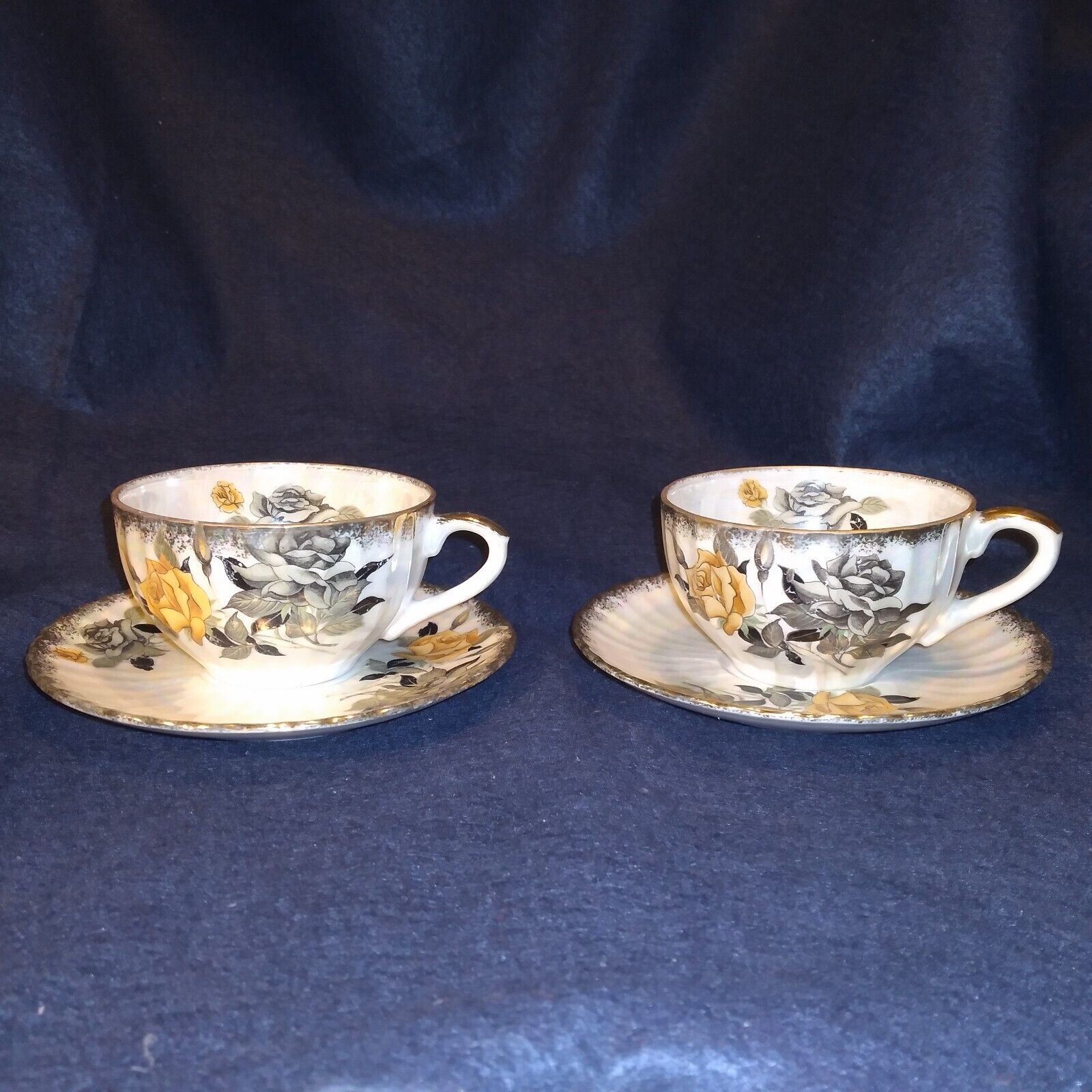 Pair Antique Coffee Cups & Saucers Irridescent Yellow Rose