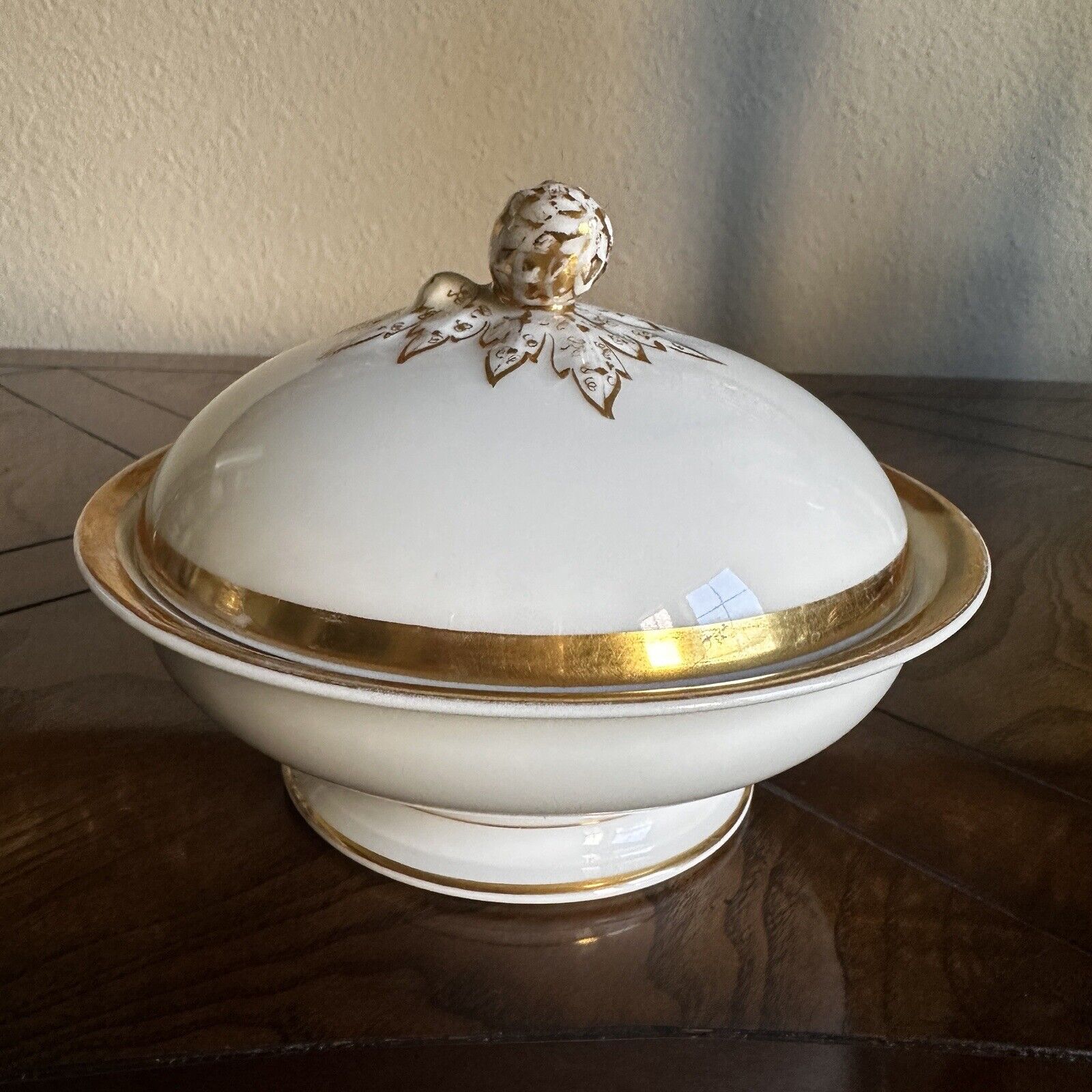 H&C Haviland Limoges Covered Butter Dish Artichoke Finial Gold Trim 1800s