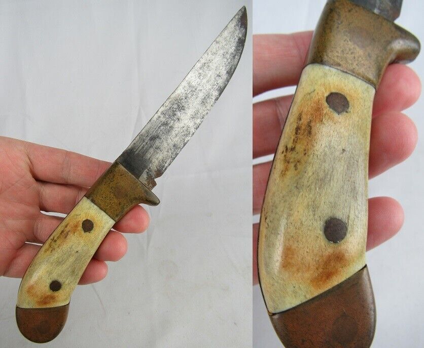 Antique early 1900's Handmade knife staghorn antler & brass OLD & BEAUTIFUL!