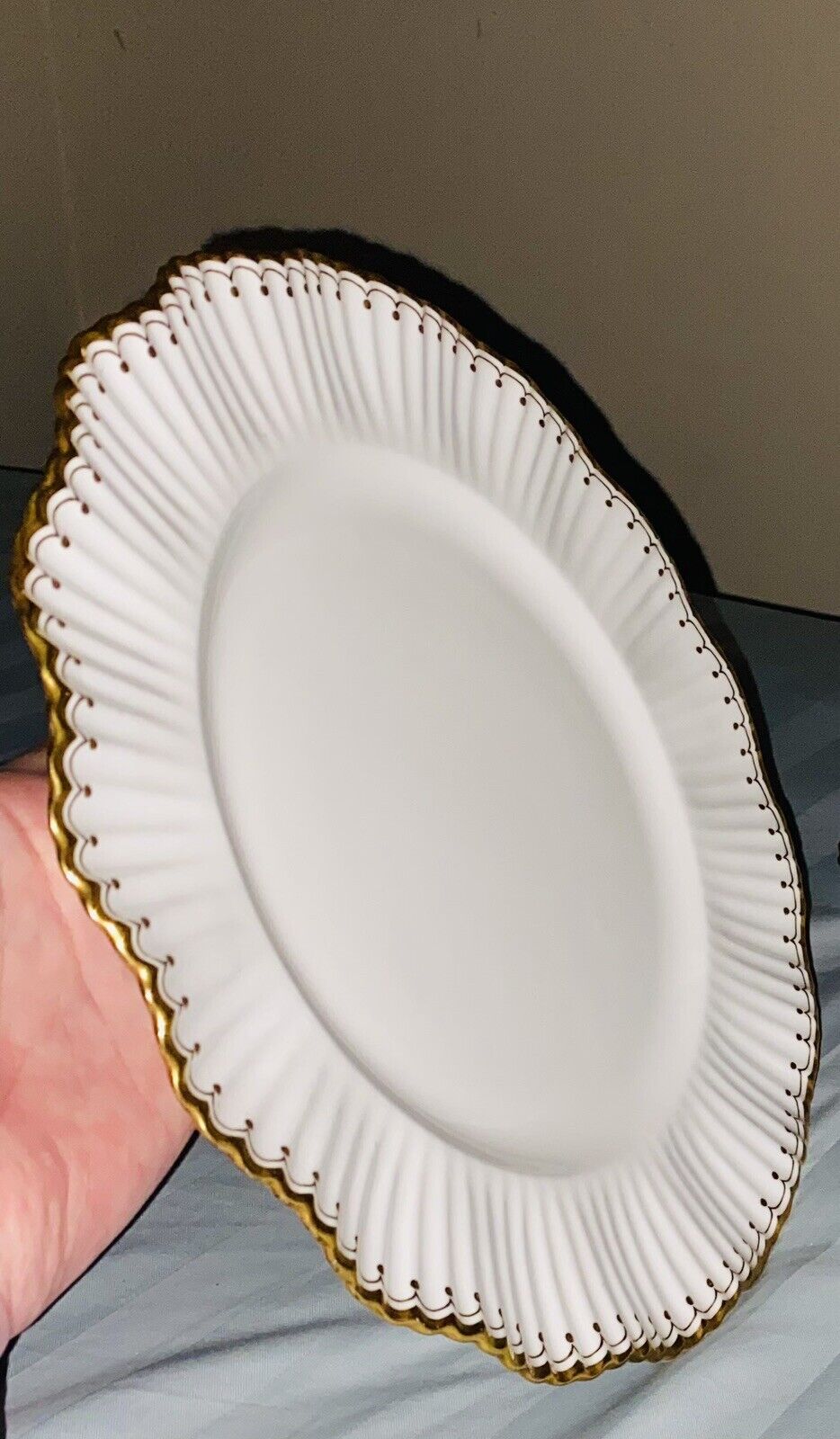 2 COALPORT WHITE 10” PLATES-FLUTED RIM, GOLD TRIM, VINTAGE AD1750 PORCELAIN