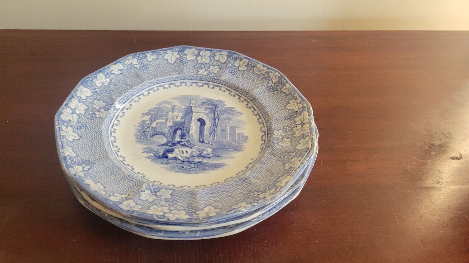 John Alcock Priory Cobridge 7"  Blue Transferware Plates 1800's Lot Of 3 Antique