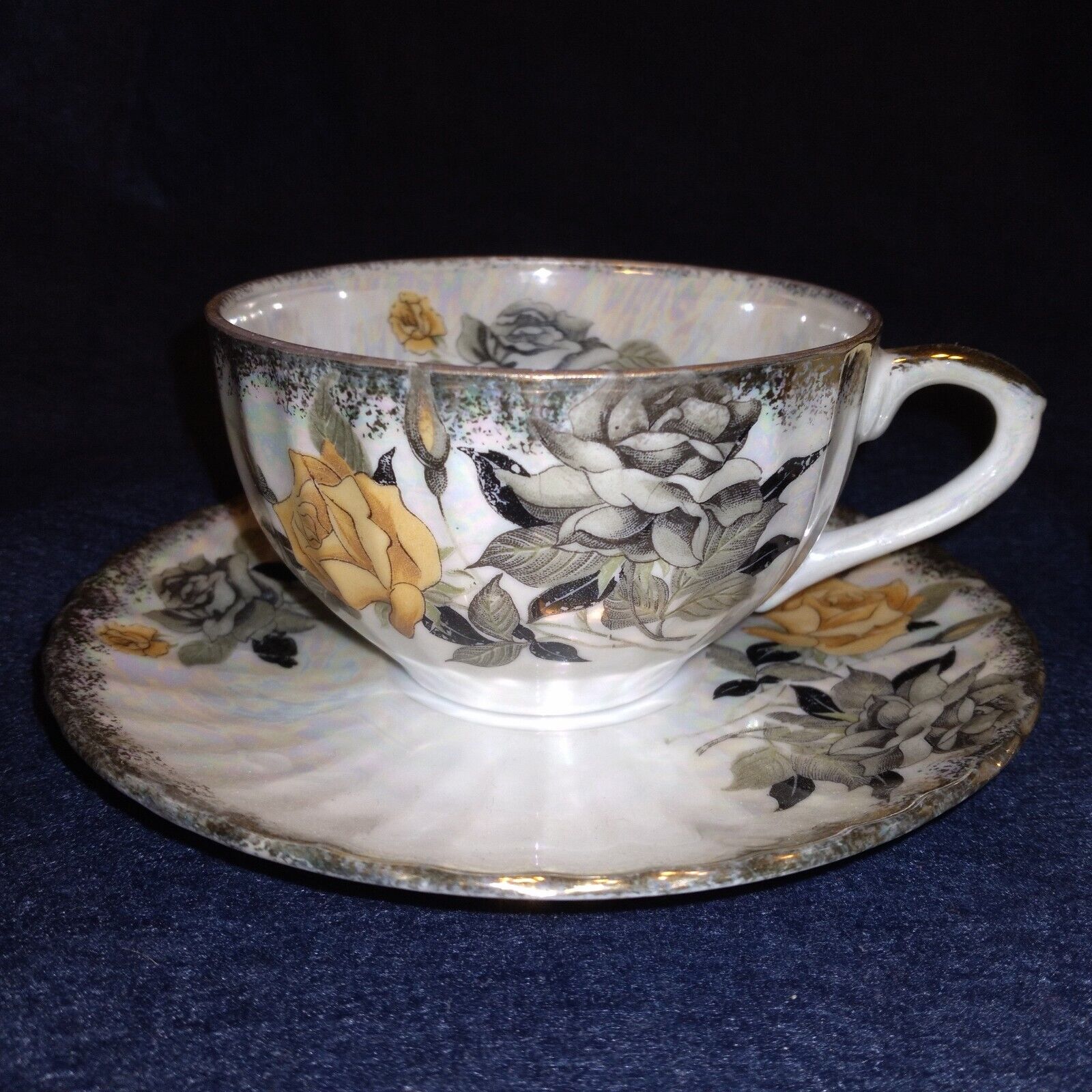 Pair Antique Coffee Cups & Saucers Irridescent Yellow Rose
