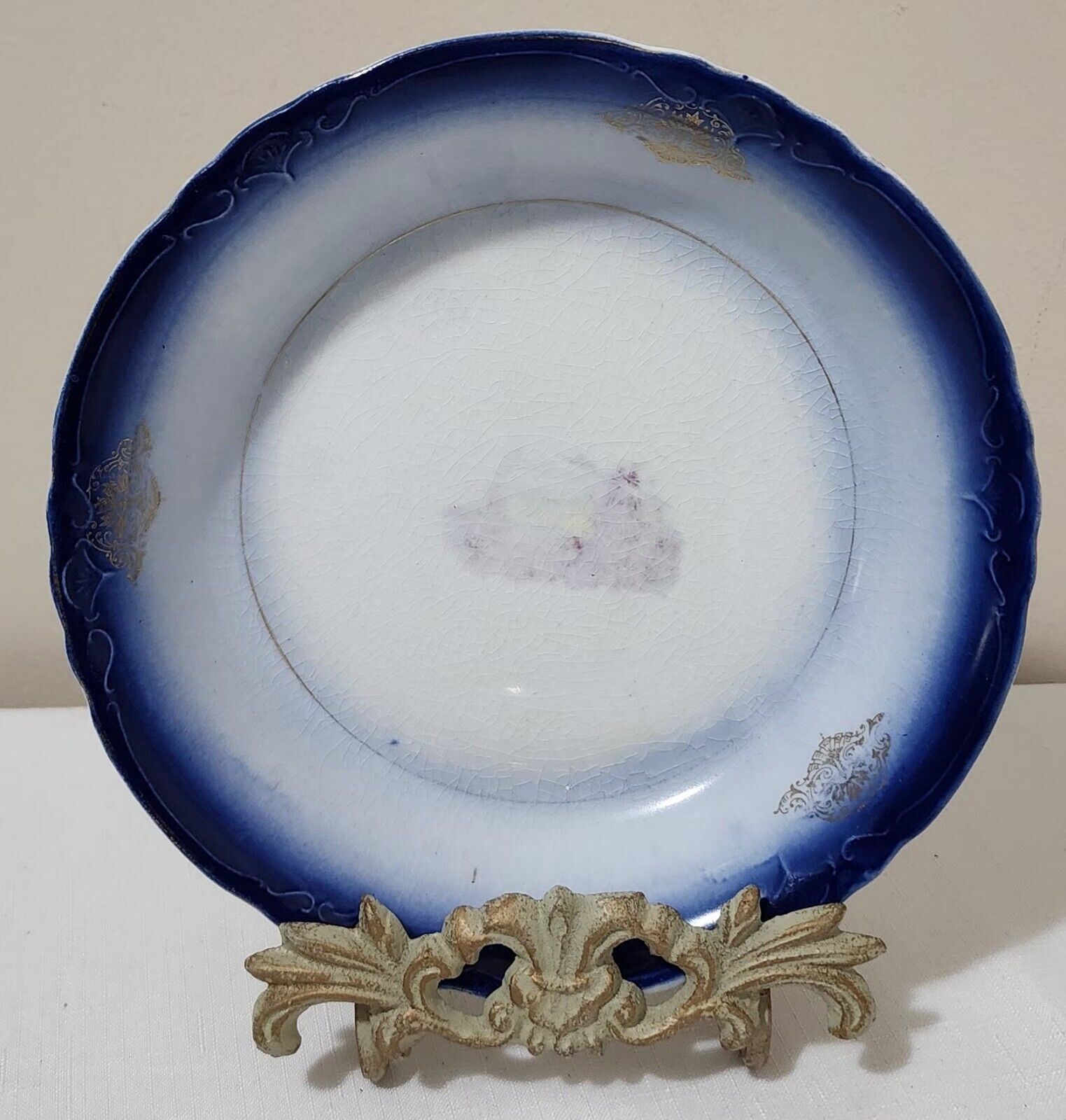 Antique Early 1900s La Francaise Semi Vitreous Flow Blue Rim Bowl 8" diameter