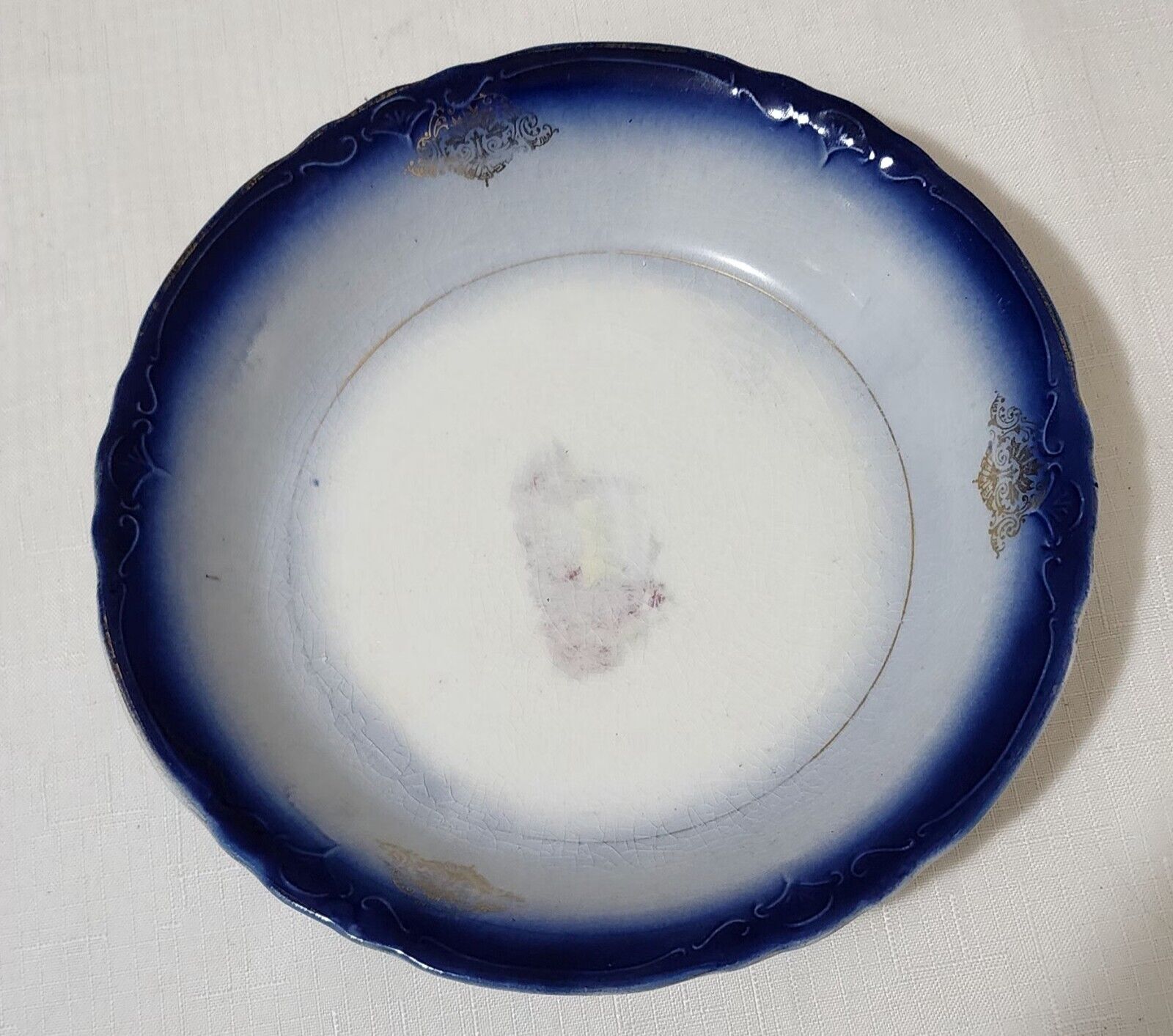 Antique Early 1900s La Francaise Semi Vitreous Flow Blue Rim Bowl 8" diameter 