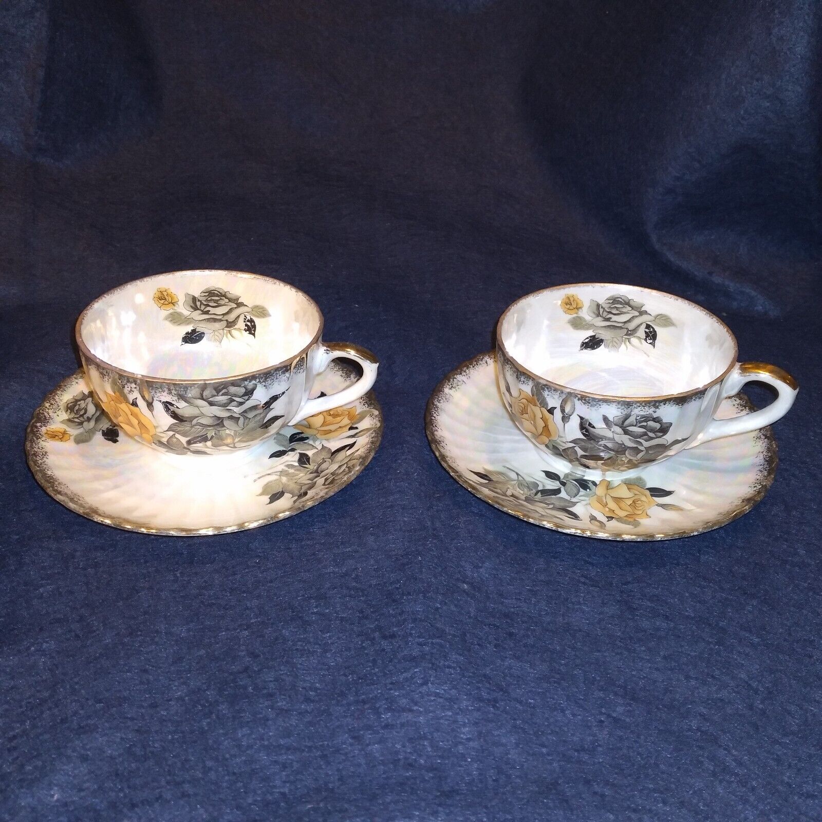 Pair Antique Coffee Cups & Saucers Irridescent Yellow Rose