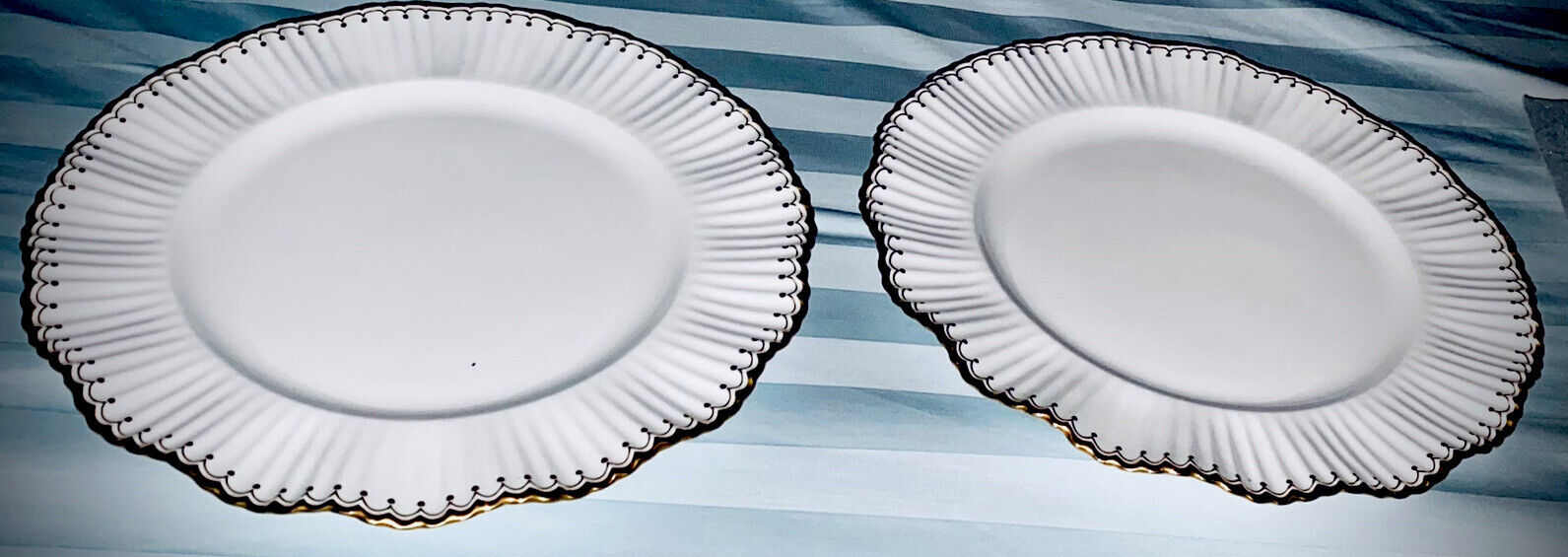 2 COALPORT WHITE 10” PLATES-FLUTED RIM, GOLD TRIM, VINTAGE AD1750 PORCELAIN