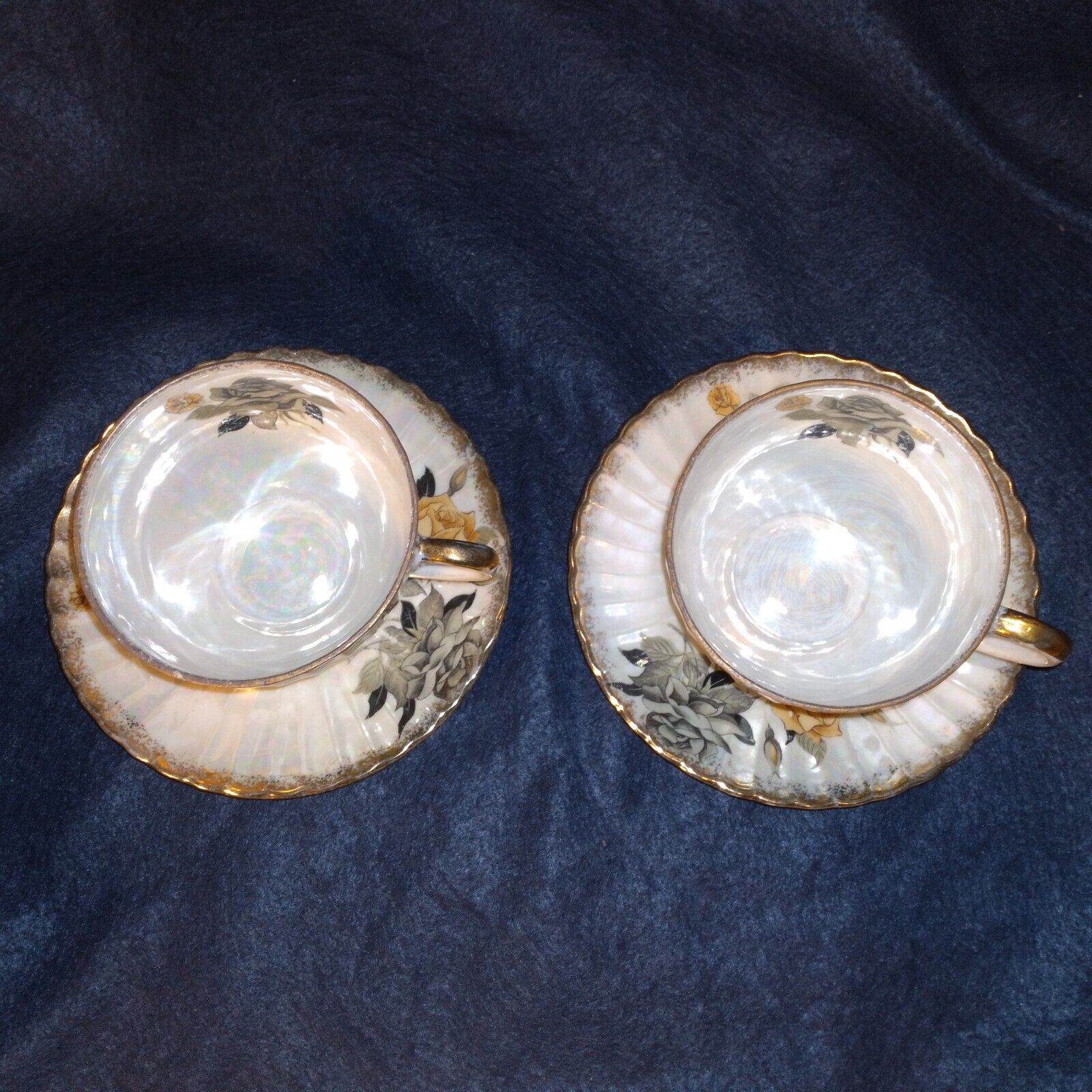 Pair Antique Coffee Cups & Saucers Irridescent Yellow Rose
