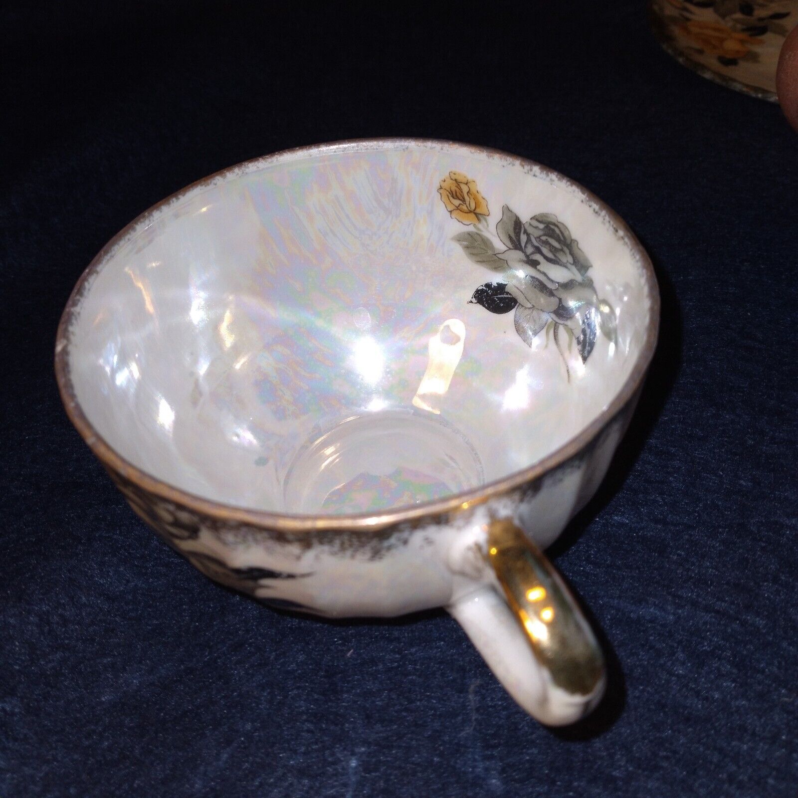 Pair Antique Coffee Cups & Saucers Irridescent Yellow Rose