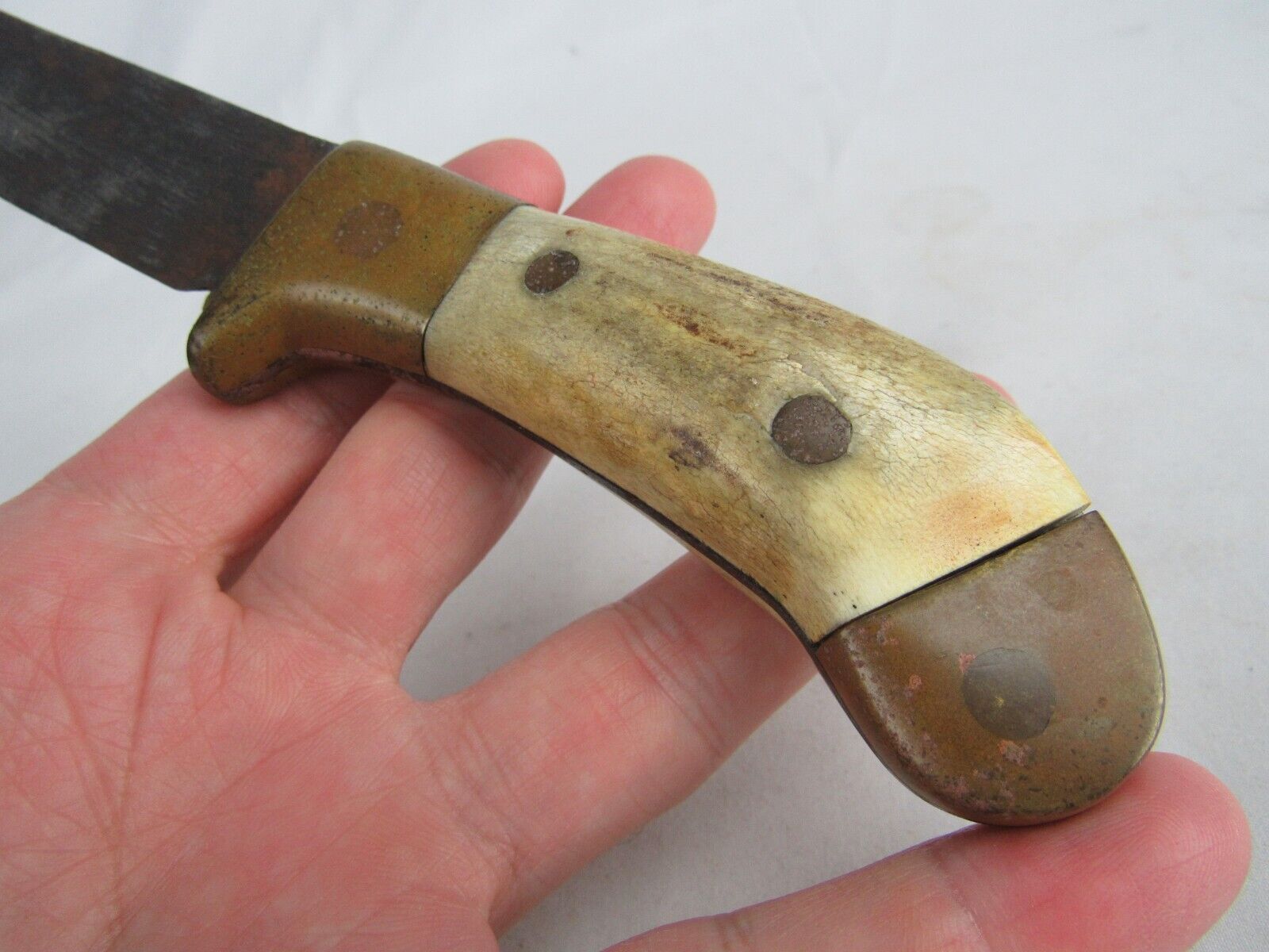 Antique early 1900's Handmade knife staghorn antler & brass OLD & BEAUTIFUL!
