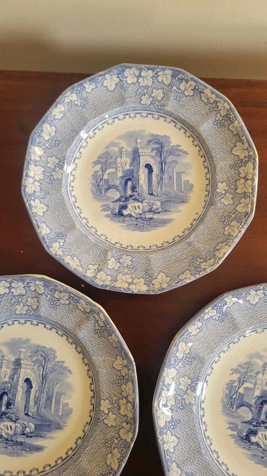 John Alcock Priory Cobridge 7"  Blue Transferware Plates 1800's Lot Of 3 Antique