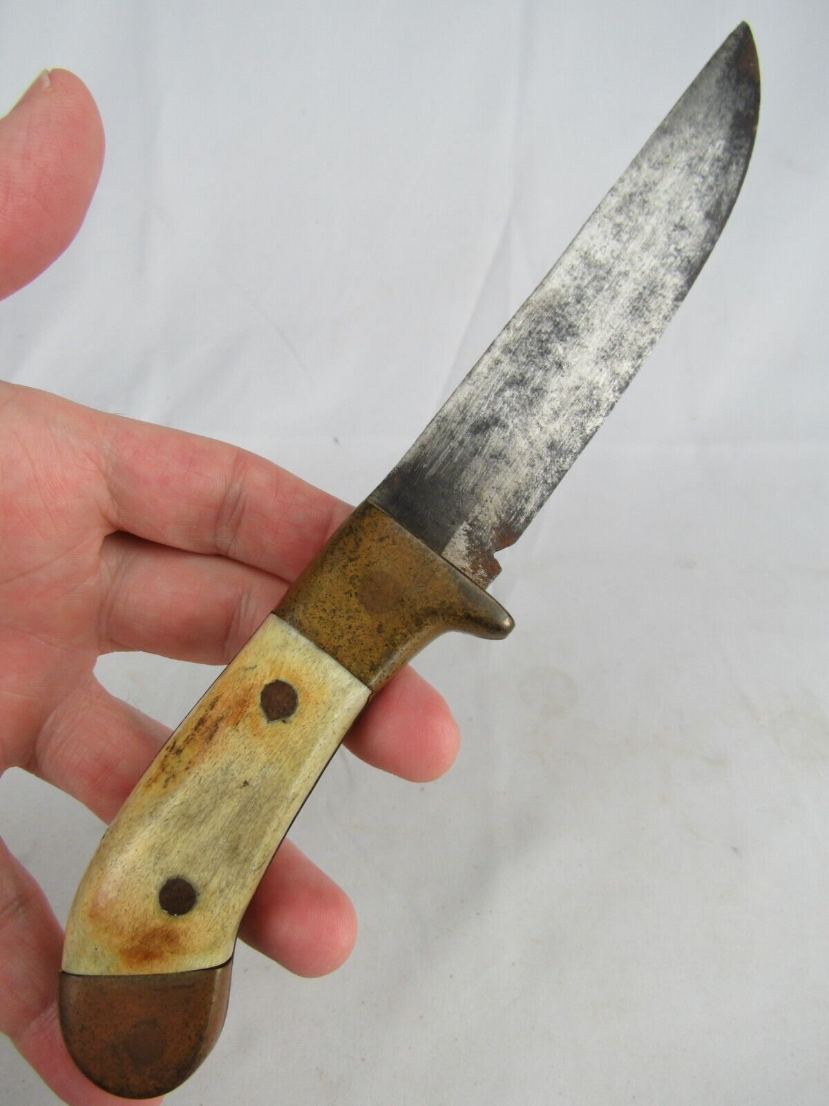 Antique early 1900's Handmade knife staghorn antler & brass OLD & BEAUTIFUL!