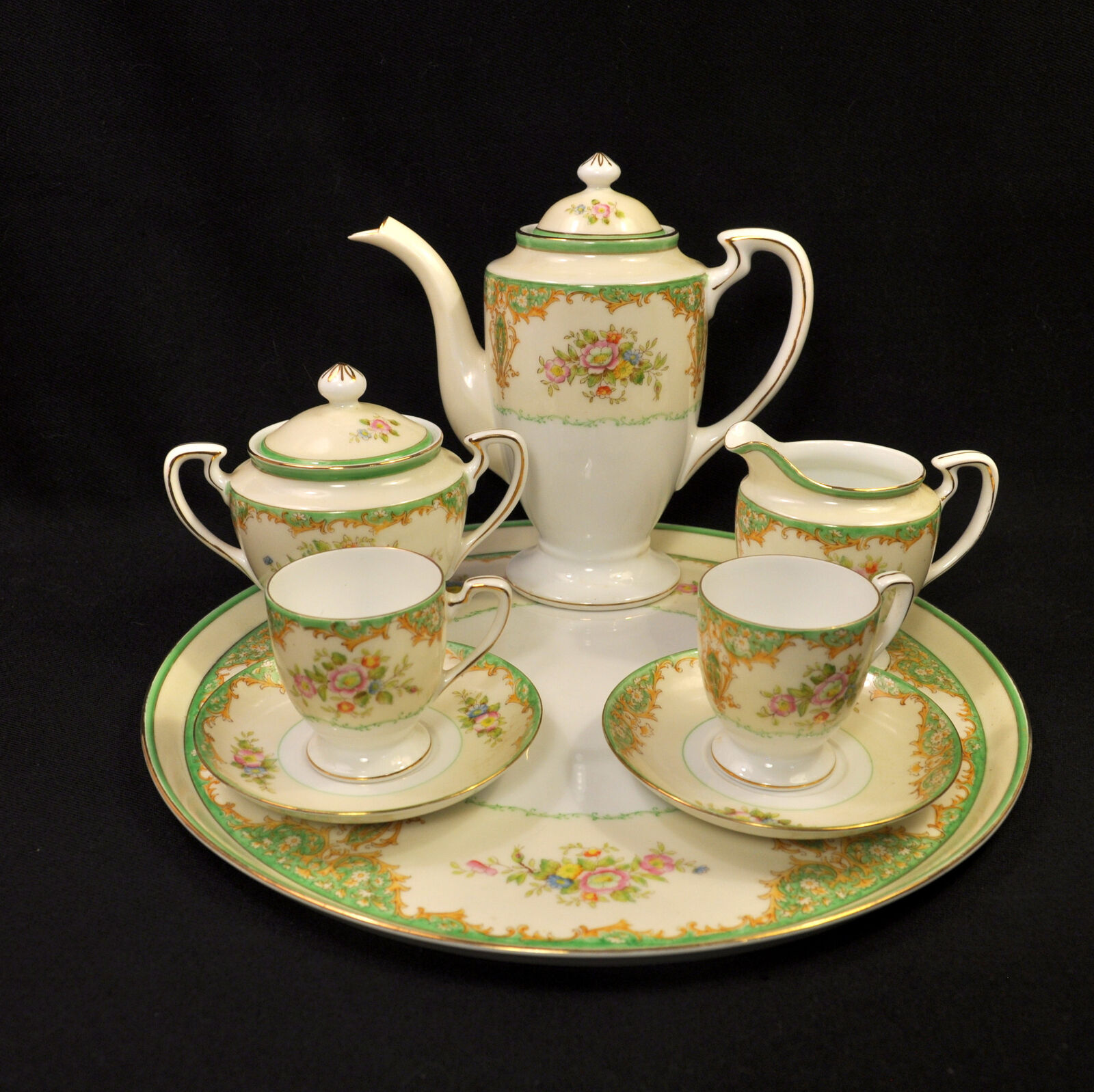 Noritake Tray Teapot Creamer Sugar 2 Cups & Saucers Floral Green Gold 1918-1931