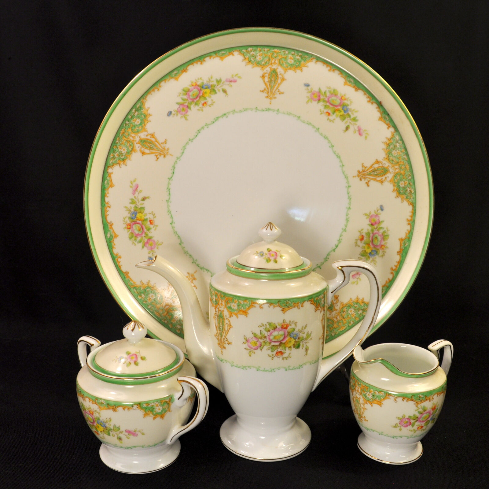 Noritake Tray Teapot Creamer Sugar 2 Cups & Saucers Floral Green Gold 1918-1931