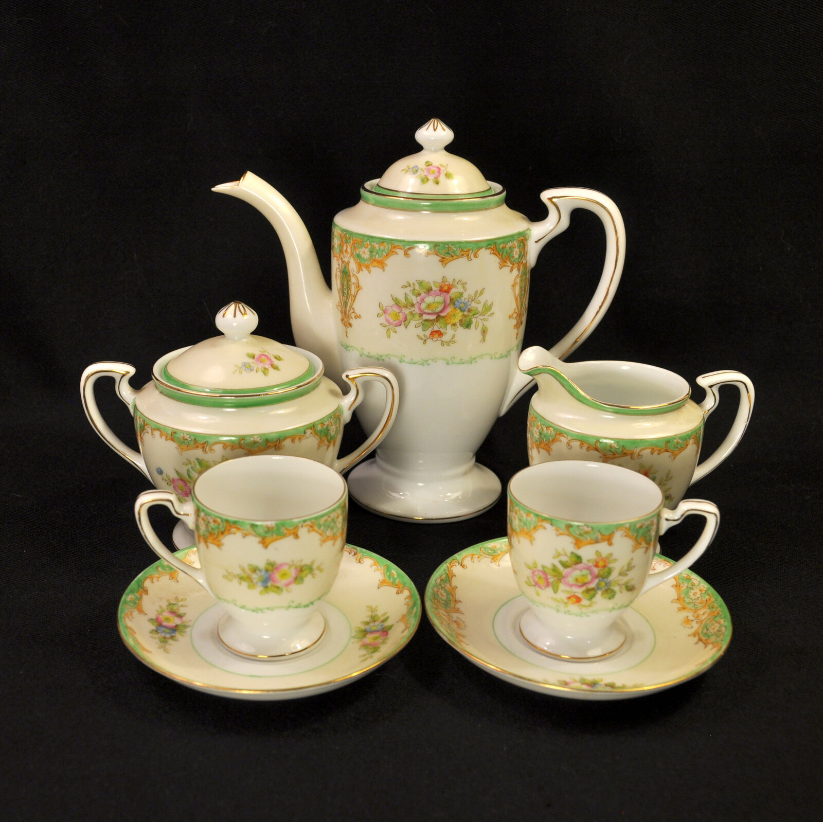 Noritake Tray Teapot Creamer Sugar 2 Cups & Saucers Floral Green Gold 1918-1931