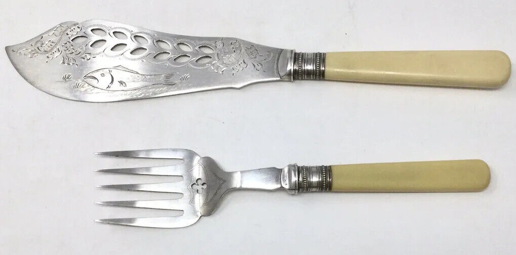 Antique English H.F & Co Silver Plate Master Fish Fork & Knife Set 1900s