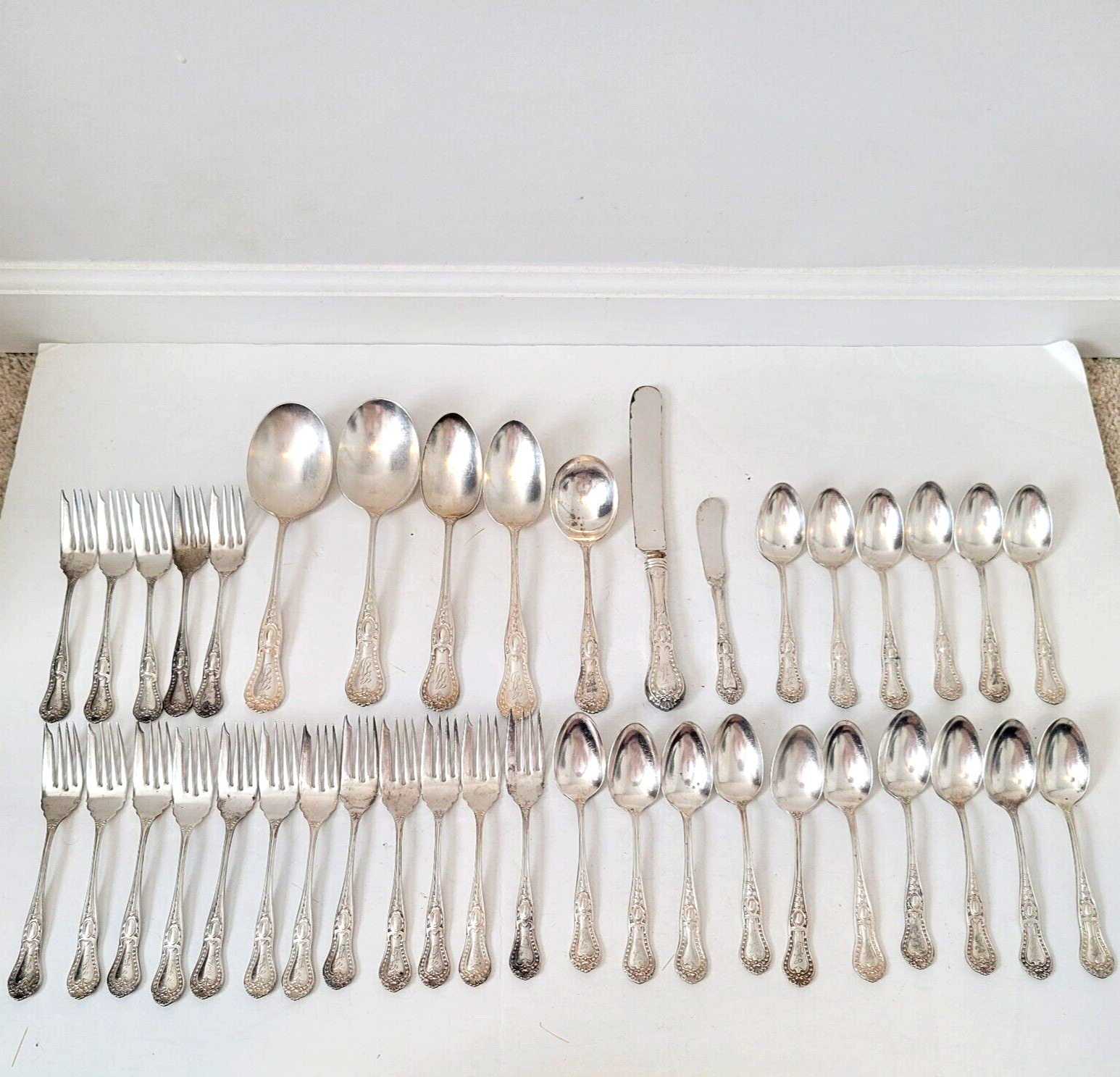 E.H.H. Smith Silver Co Marie Antoinette Silverplate Set of 40 1900's Monogram