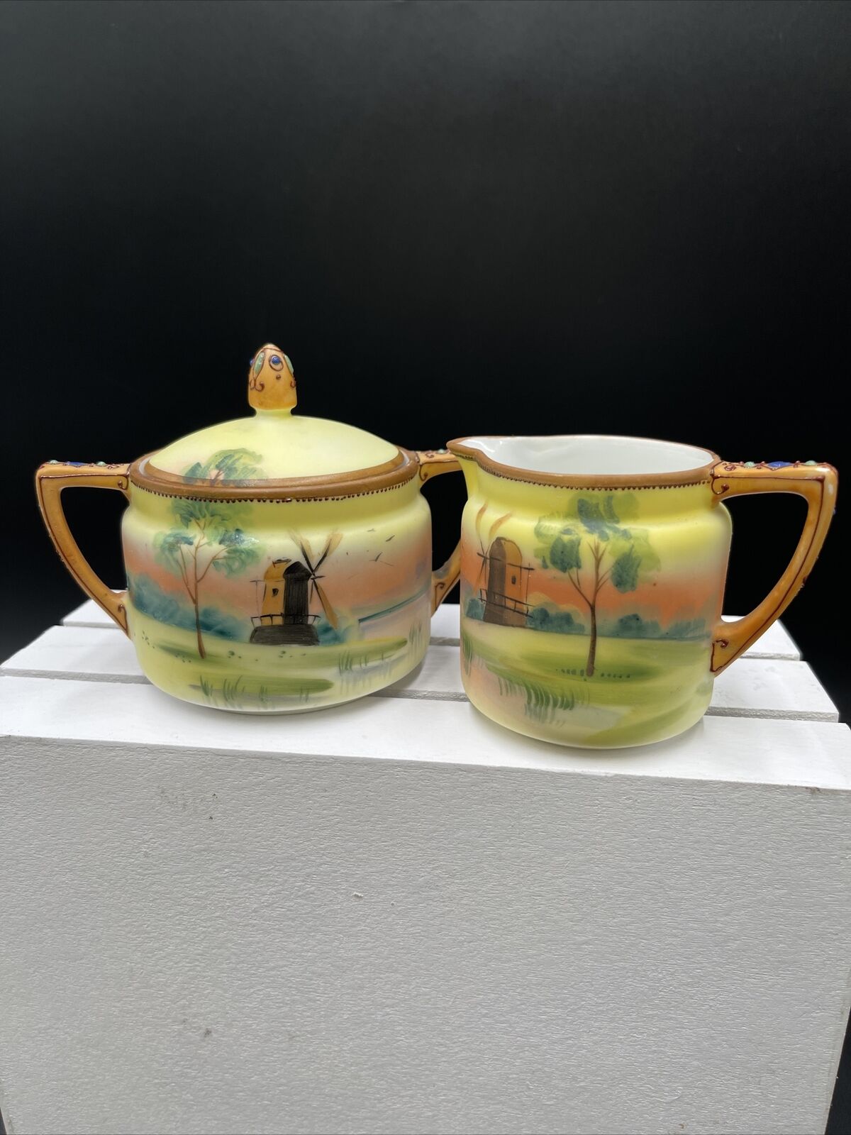 Handpainted Nippon 1900s Cream and Sugar Set Vtg Noritake Windmills Landscape