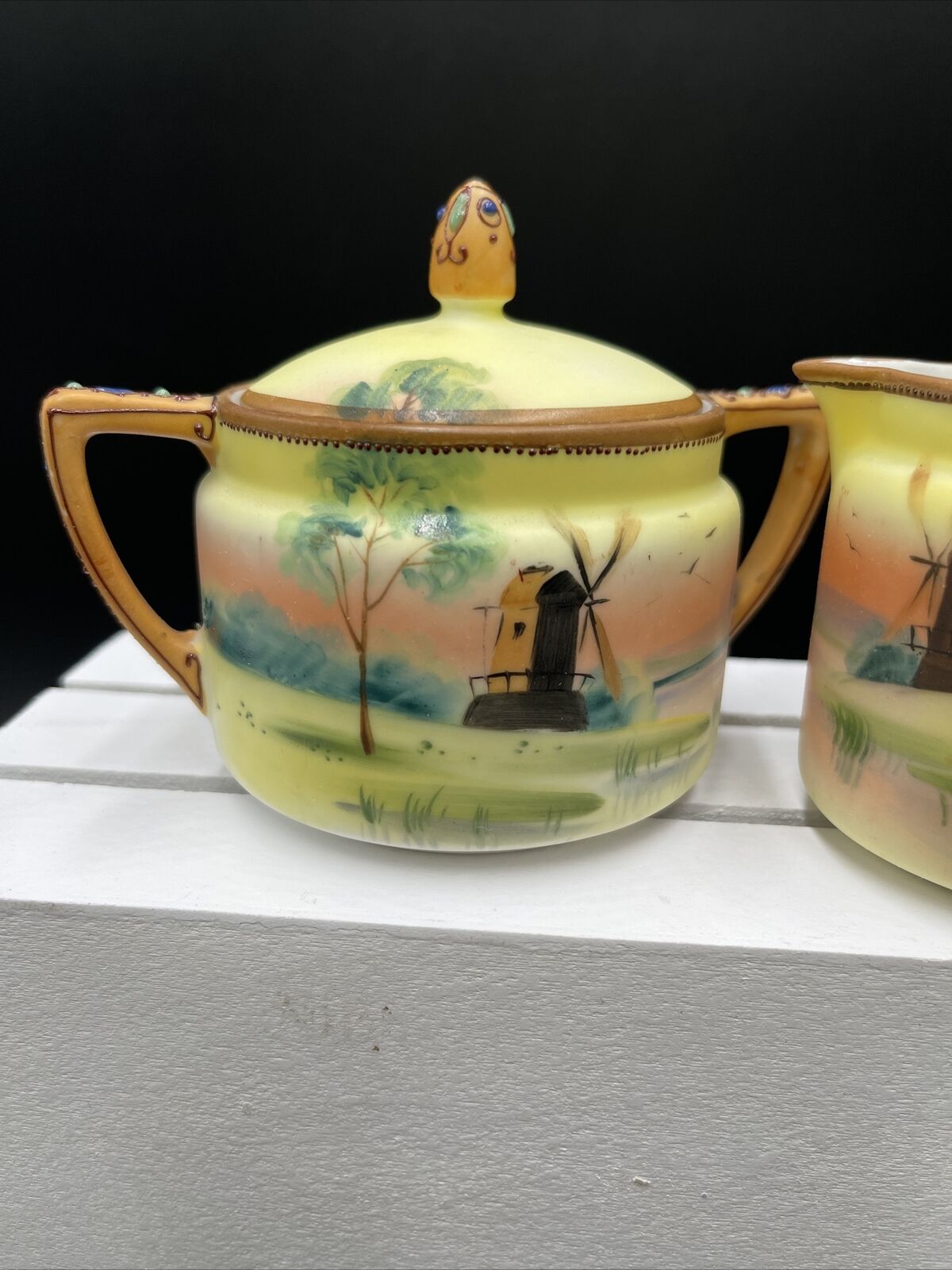 Handpainted Nippon 1900s Cream and Sugar Set Vtg Noritake Windmills Landscape