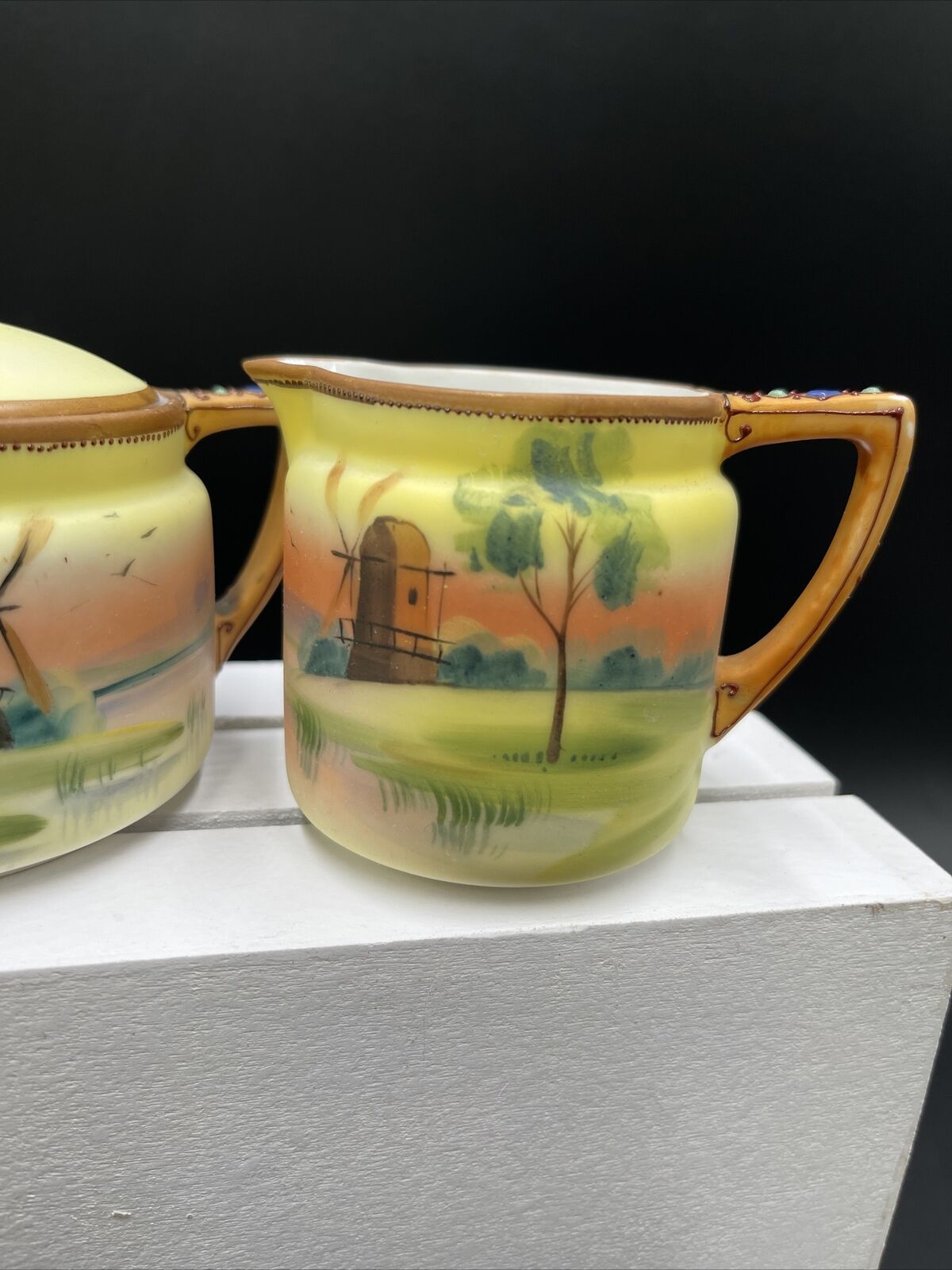 Handpainted Nippon 1900s Cream and Sugar Set Vtg Noritake Windmills Landscape