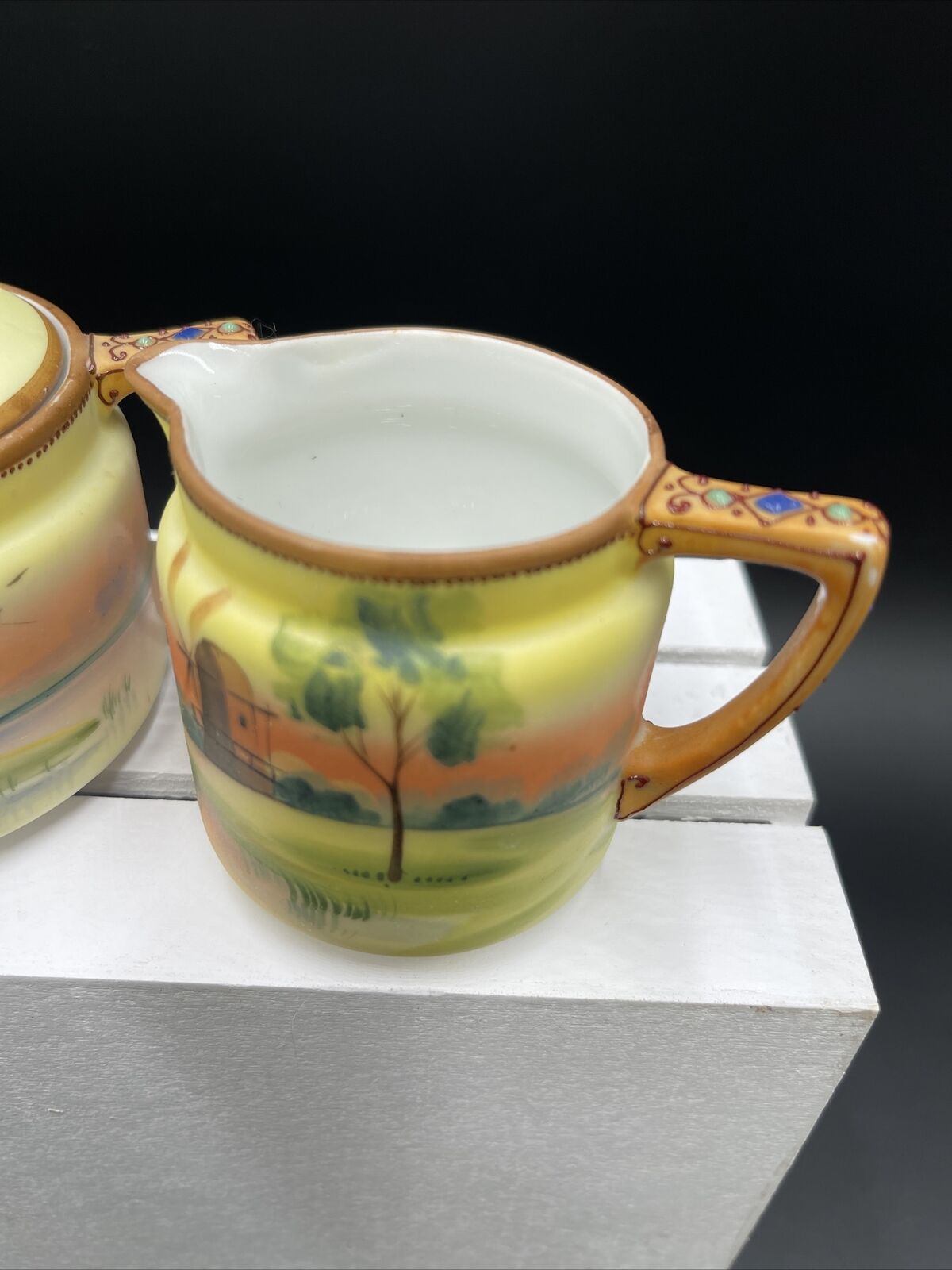 Handpainted Nippon 1900s Cream and Sugar Set Vtg Noritake Windmills Landscape