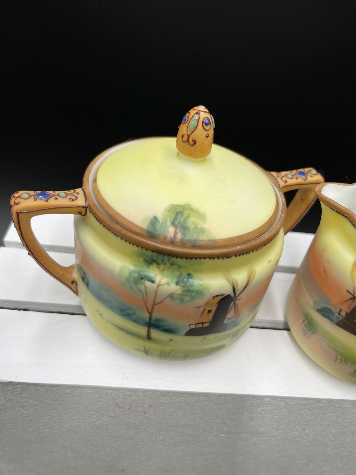 Handpainted Nippon 1900s Cream and Sugar Set Vtg Noritake Windmills Landscape