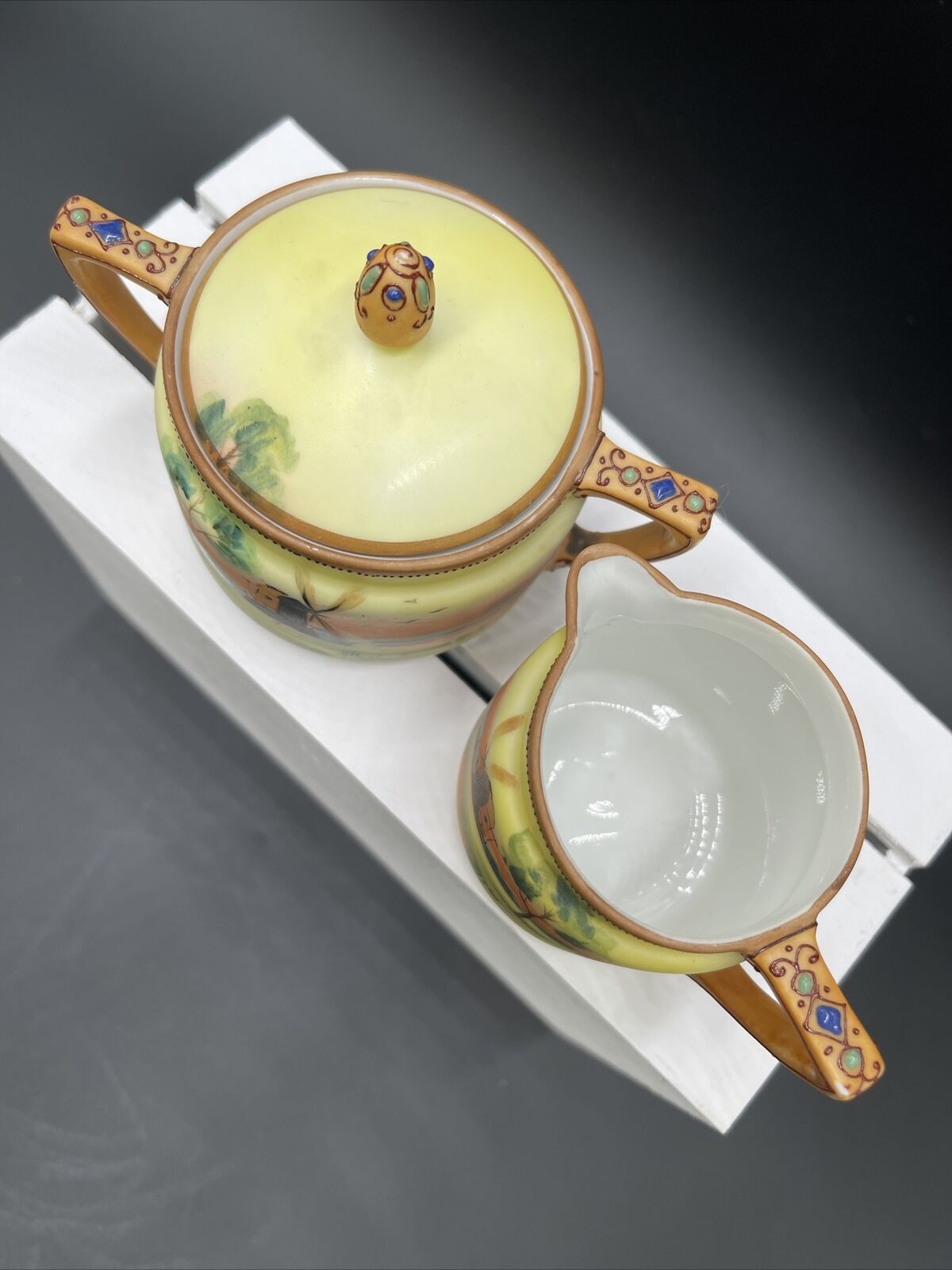 Handpainted Nippon 1900s Cream and Sugar Set Vtg Noritake Windmills Landscape