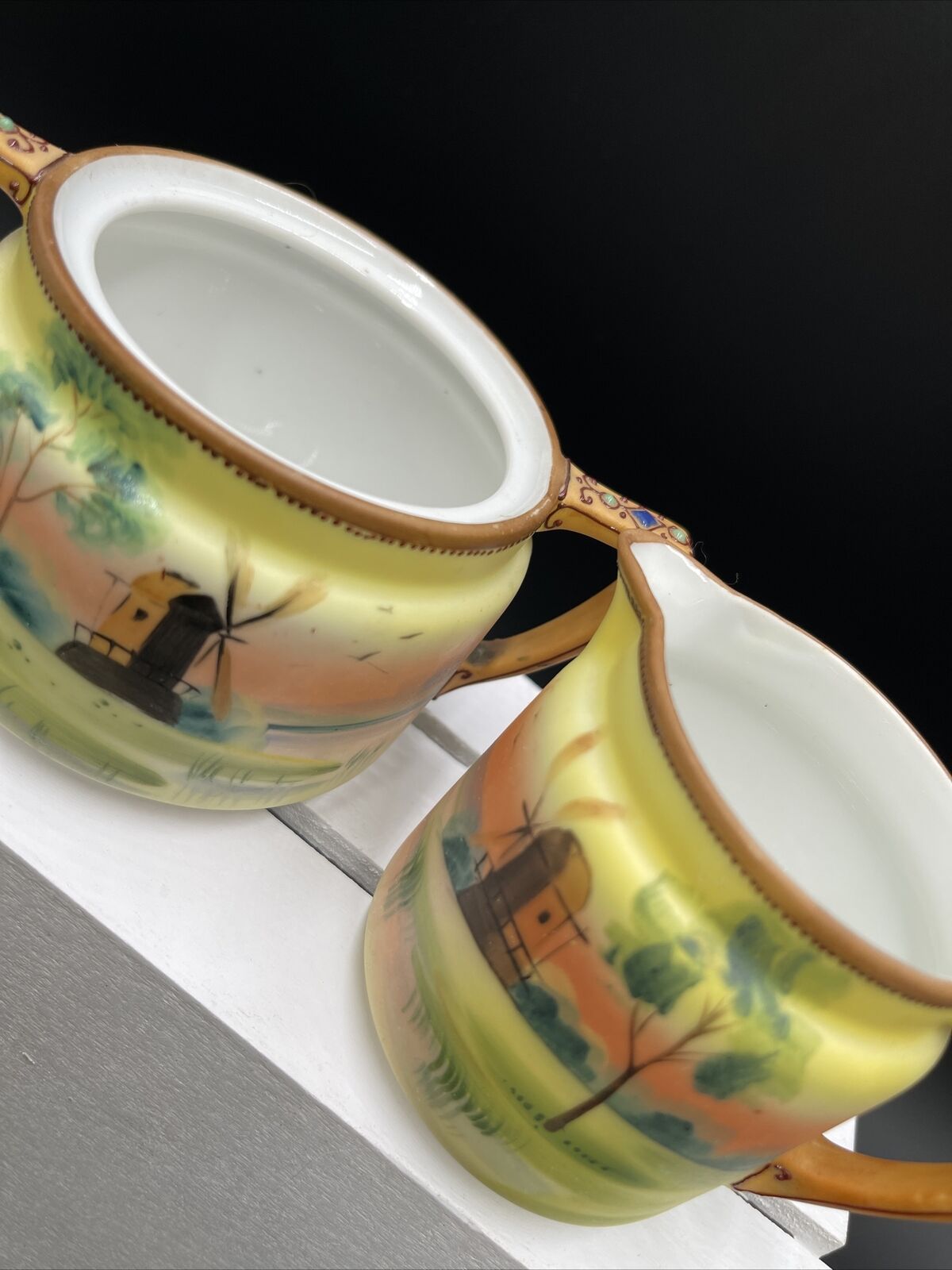 Handpainted Nippon 1900s Cream and Sugar Set Vtg Noritake Windmills Landscape