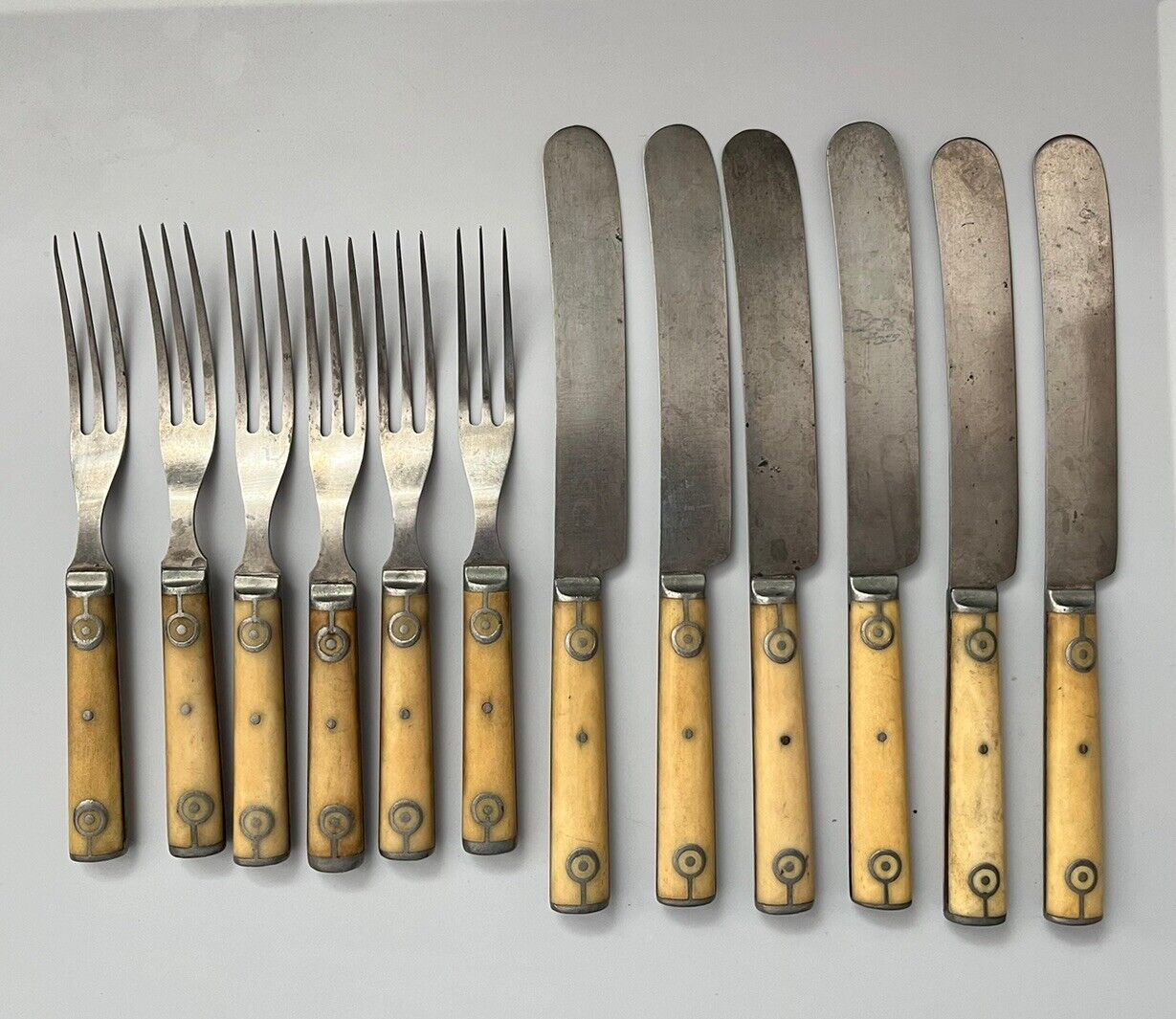 Antique Bone & Pewter Handle Knives & Forks, 10 Pieces, Wyoming Cutlery, 1800s