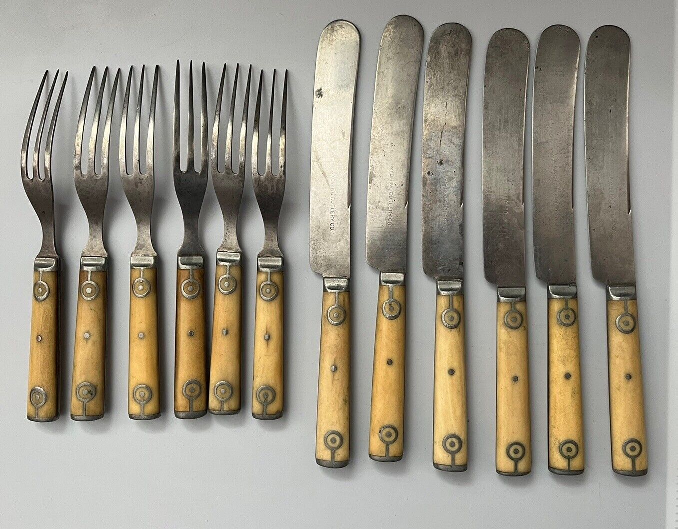 Antique Bone & Pewter Handle Knives & Forks, 10 Pieces, Wyoming Cutlery, 1800s