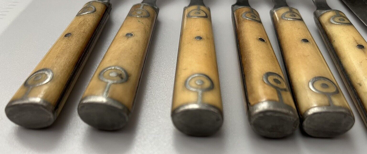 Antique Bone & Pewter Handle Knives & Forks, 10 Pieces, Wyoming Cutlery, 1800s