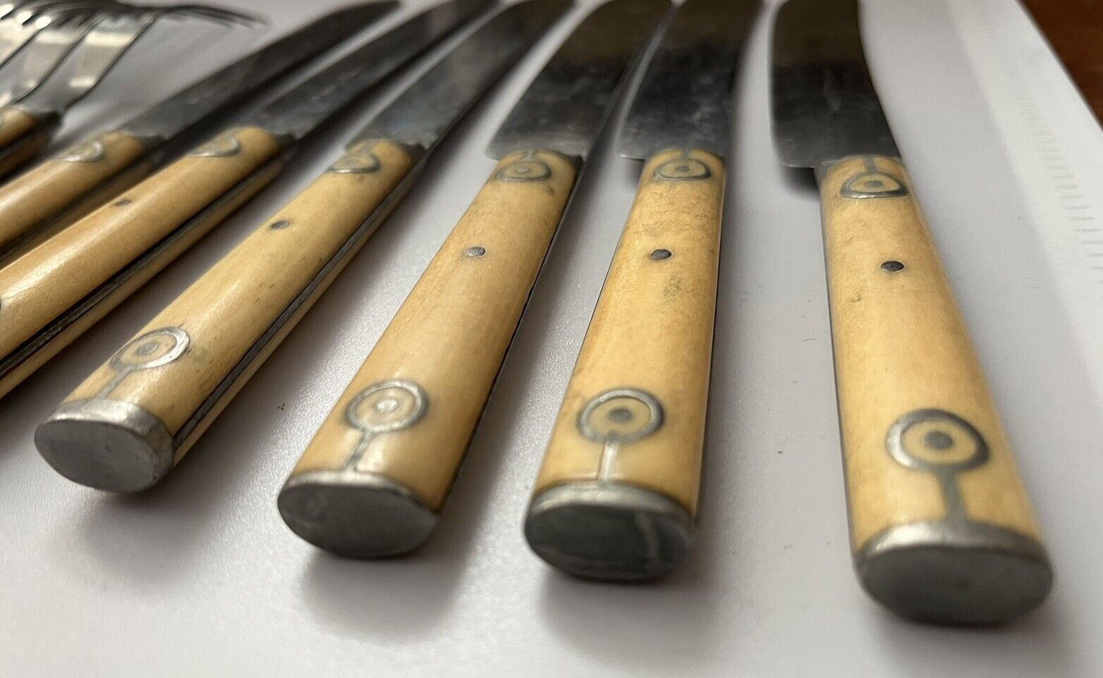 Antique Bone & Pewter Handle Knives & Forks, 10 Pieces, Wyoming Cutlery, 1800s