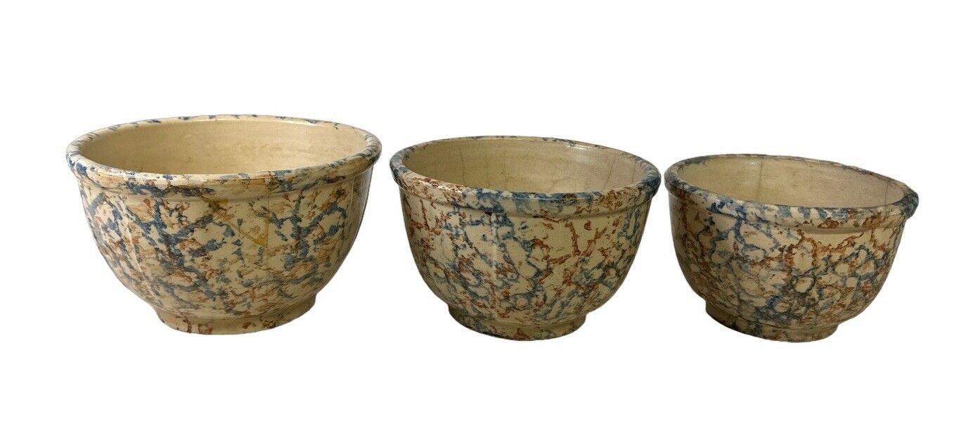 Antique Redwing 19th Century Spongeware Creamware Stoneware Bowl Set # 6, 7, 8