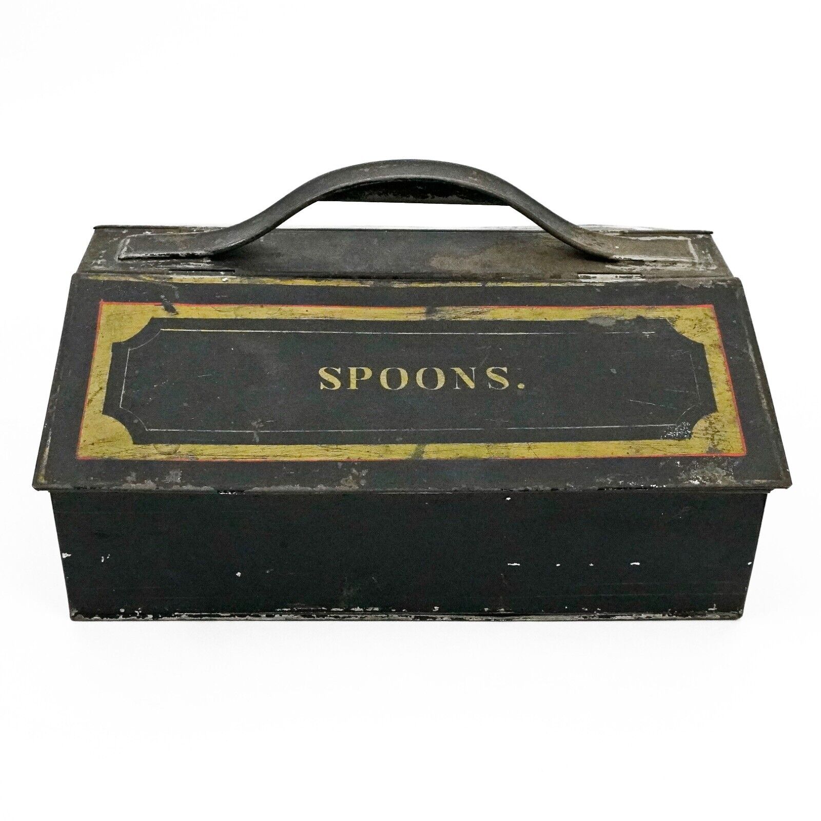 Antique c. 1800's Toleware Spoon & Fork Compartmented Tin Cutlery Box Caddy
