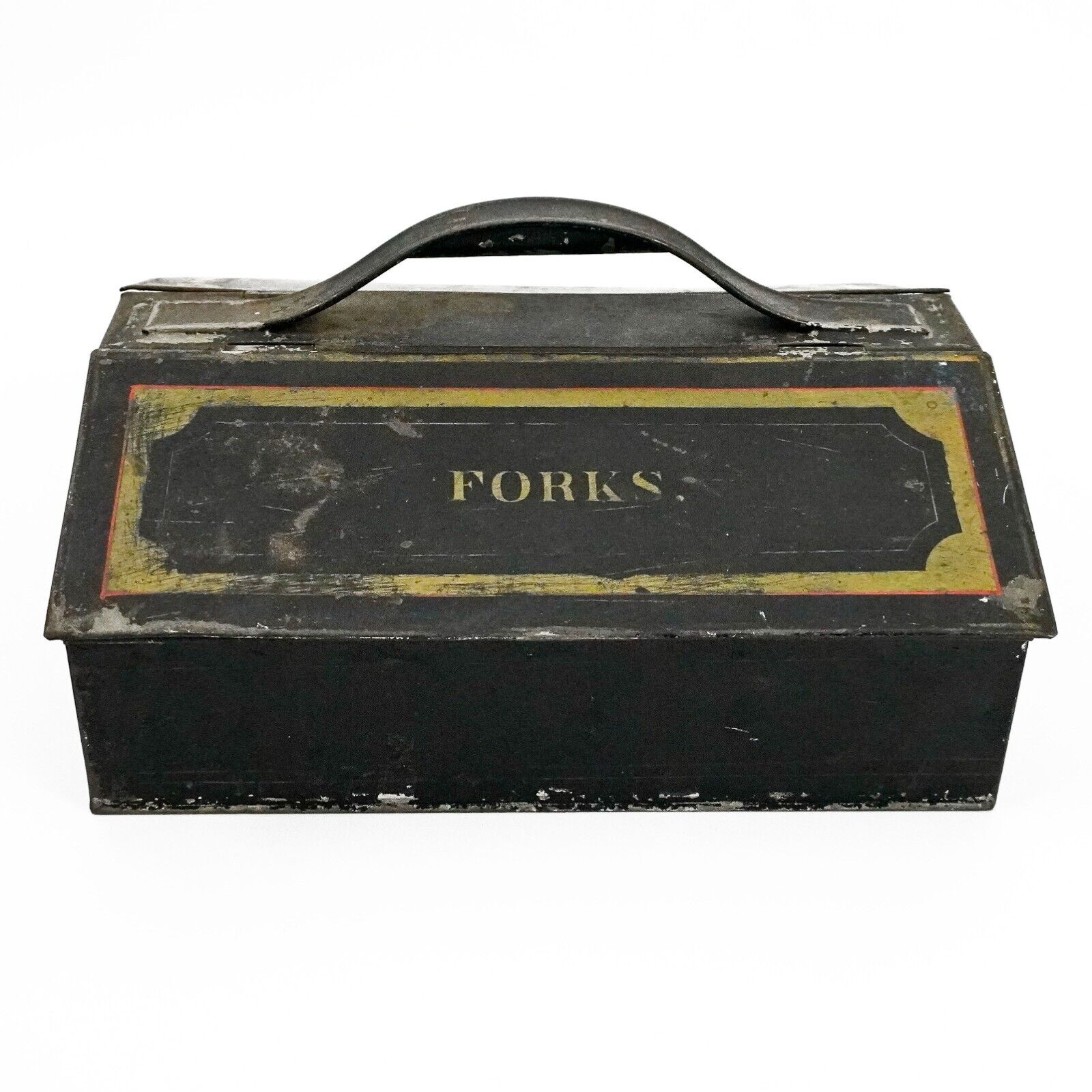 Antique c. 1800's Toleware Spoon & Fork Compartmented Tin Cutlery Box Caddy
