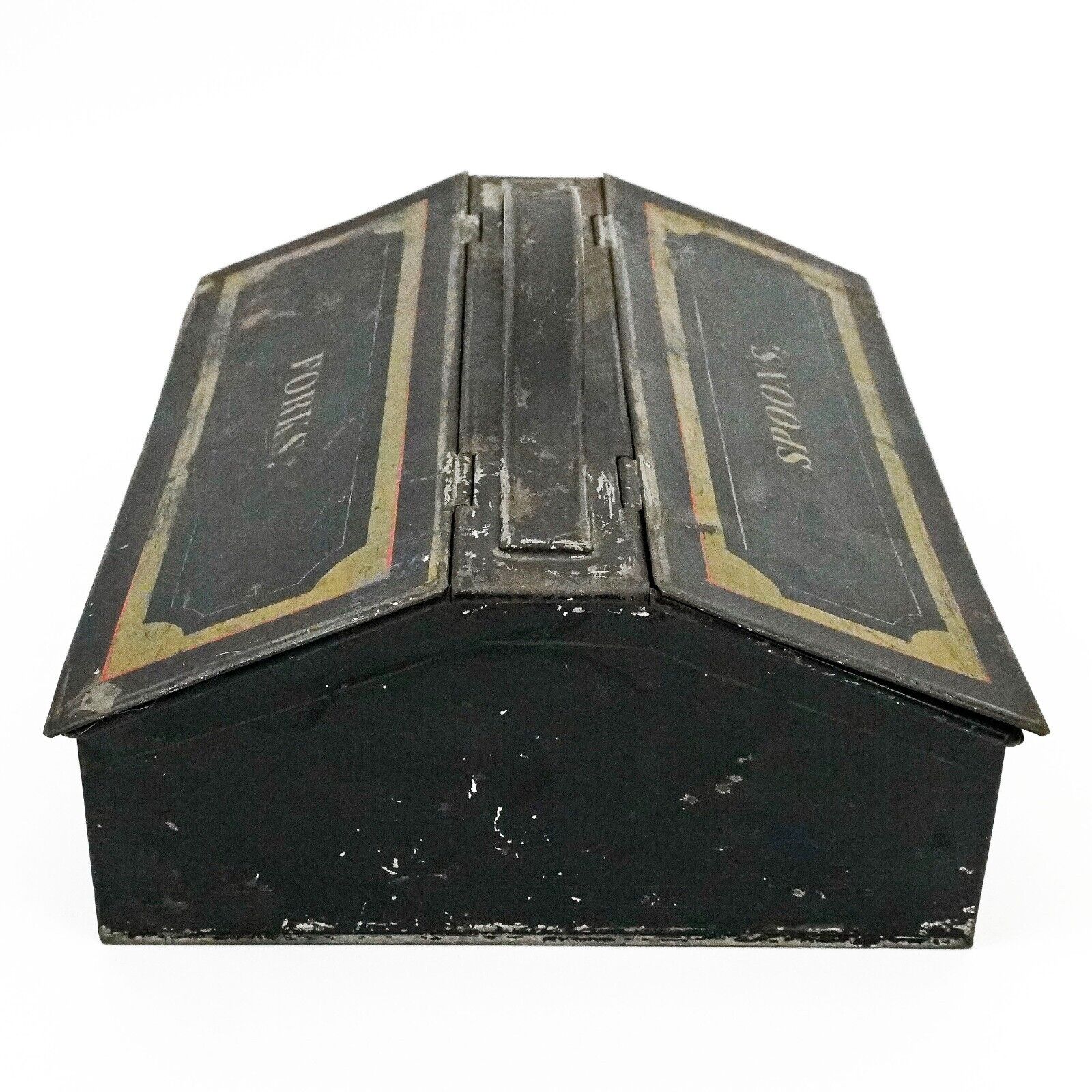 Antique c. 1800's Toleware Spoon & Fork Compartmented Tin Cutlery Box Caddy