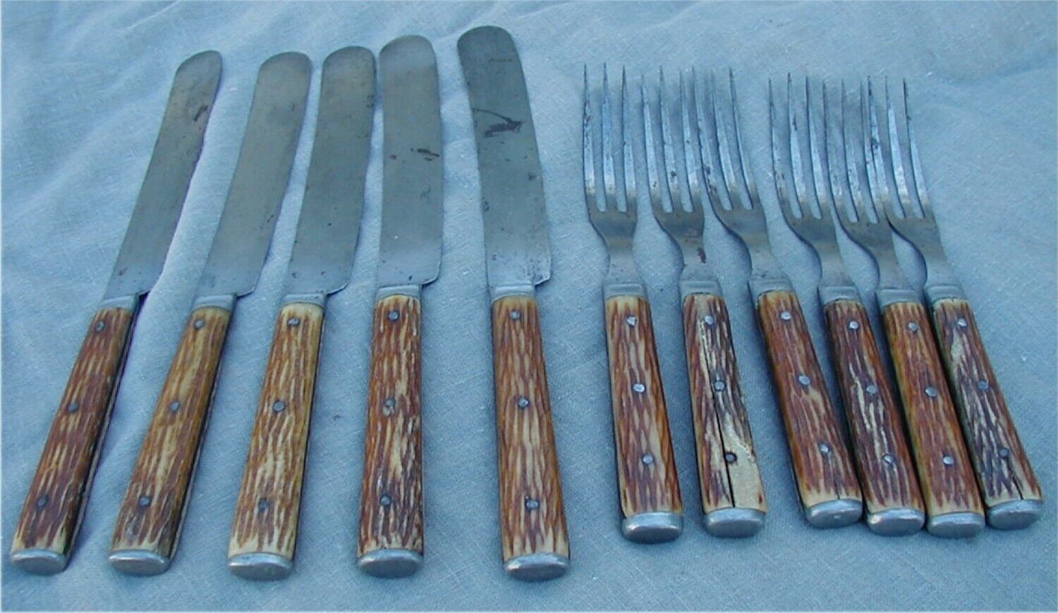 Lot-11 Vtg. Antique 1800s Hudson Cutlery Co.Flatware Knives/3 Tine Forks Antler