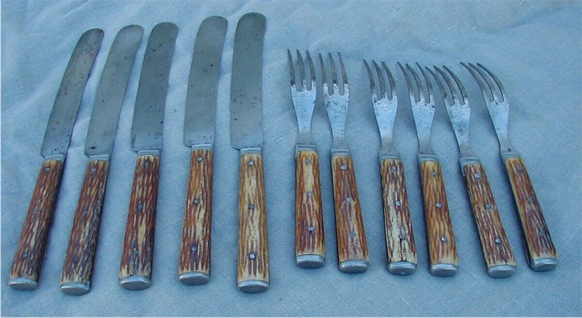 Lot-11 Vtg. Antique 1800s Hudson Cutlery Co.Flatware Knives/3 Tine Forks Antler