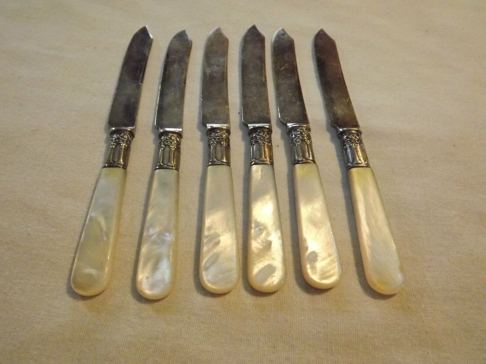 VINTAGE 1800S 6 LAMSON  GOODMAN S FALLS MA MOTHER of PEARL STERLING FRUIT KNIVES